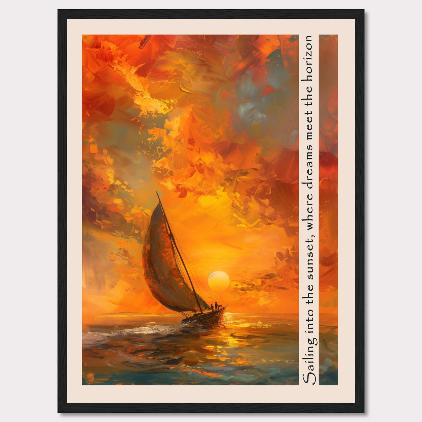 This captivating artwork depicts a sailboat gliding through the vibrant hues of a sunset, where the sky meets the sea in a harmonious blend of colors. The painting's warm tones evoke a sense of tranquility and adventure.