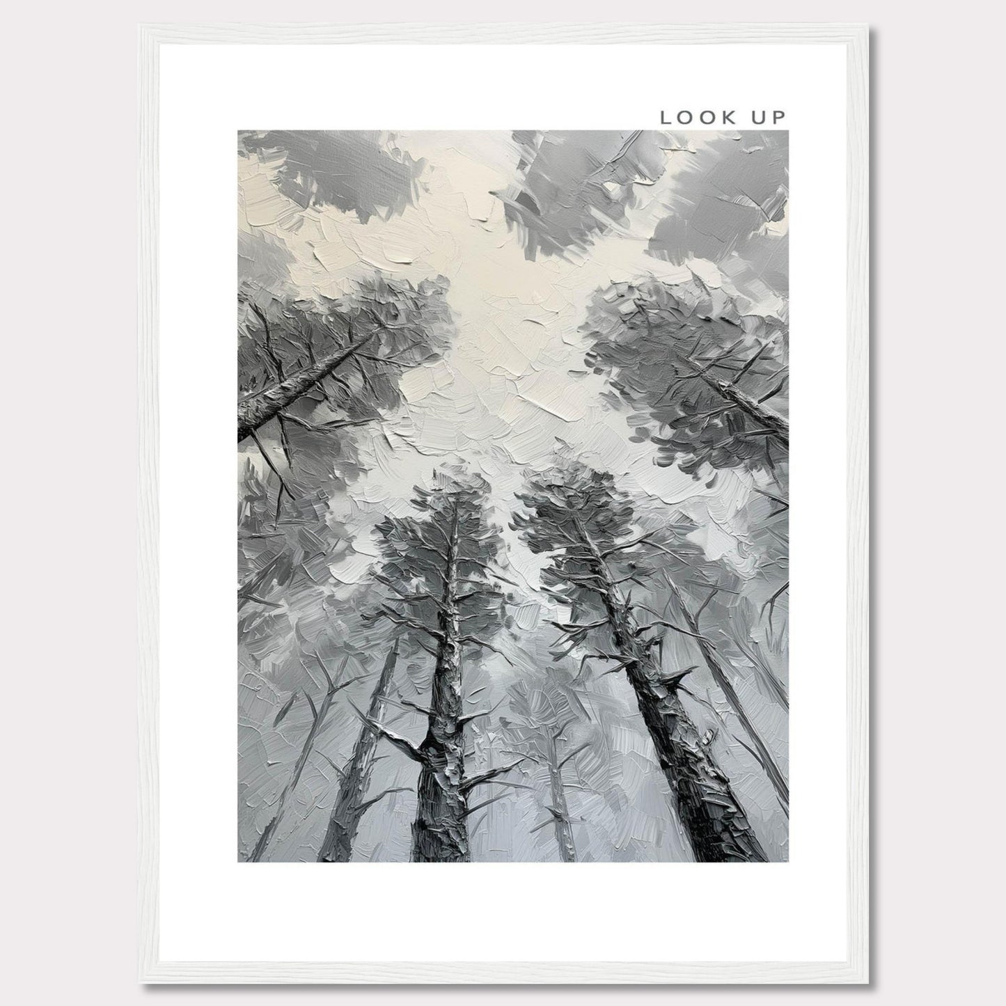 391463fd-2aThis image depicts an artistic rendering of tall trees viewed from the ground looking up, creating a sense of depth and wonder. The artwork is framed in black with the words "LOOK UP" at the top right corner.4f7-455a-8713-f70dcef5b782