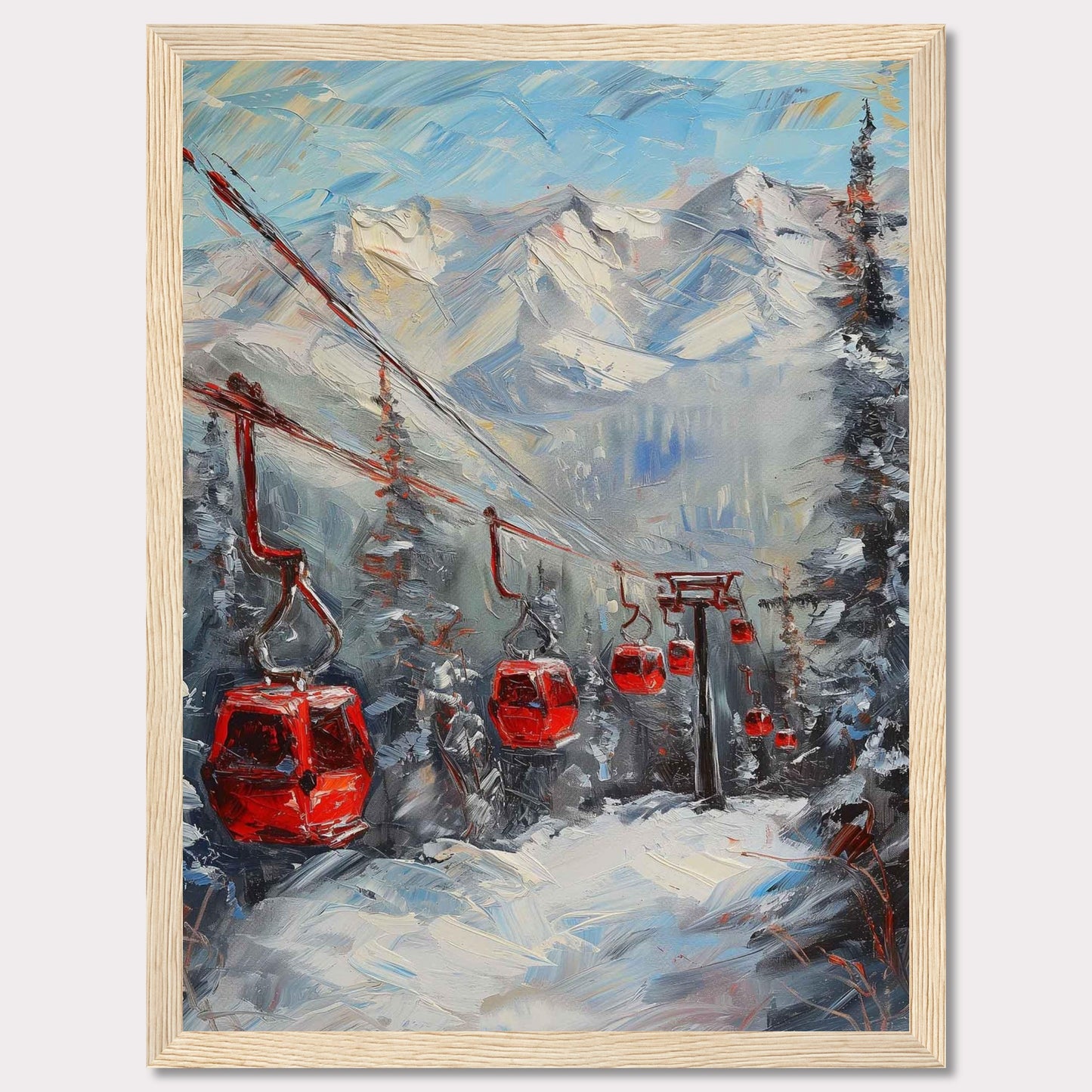 This captivating painting showcases a vibrant winter scene with red cable cars gliding through a snowy mountain landscape.