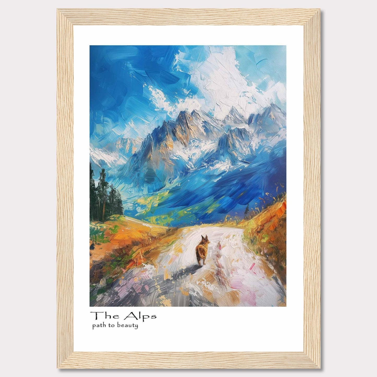 This painting captures the breathtaking beauty of the Alps with vibrant colors and dynamic brushstrokes. A lone hiker walks along a winding path, surrounded by majestic mountains under a bright blue sky.