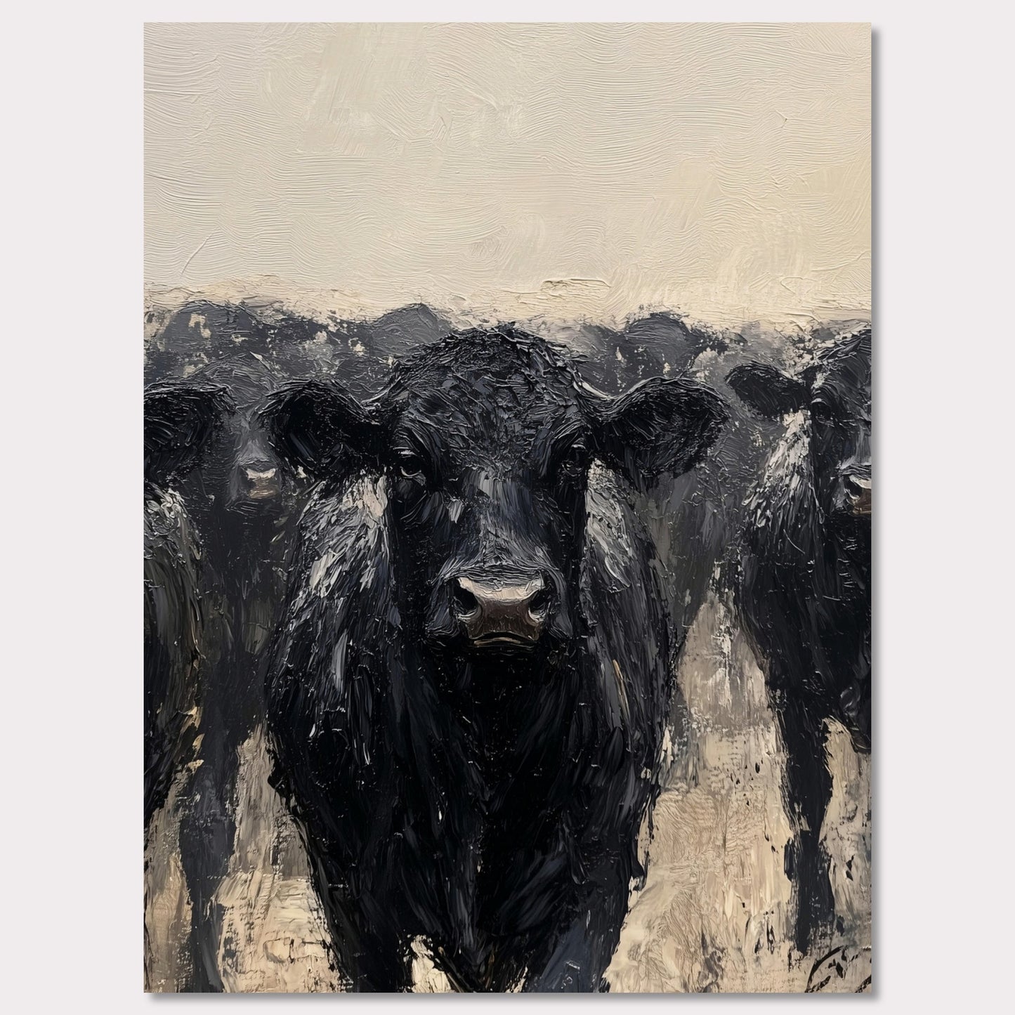 This striking painting captures the intense gaze of a black cow, surrounded by its herd. The textured brushstrokes and muted color palette create a powerful and captivating image.