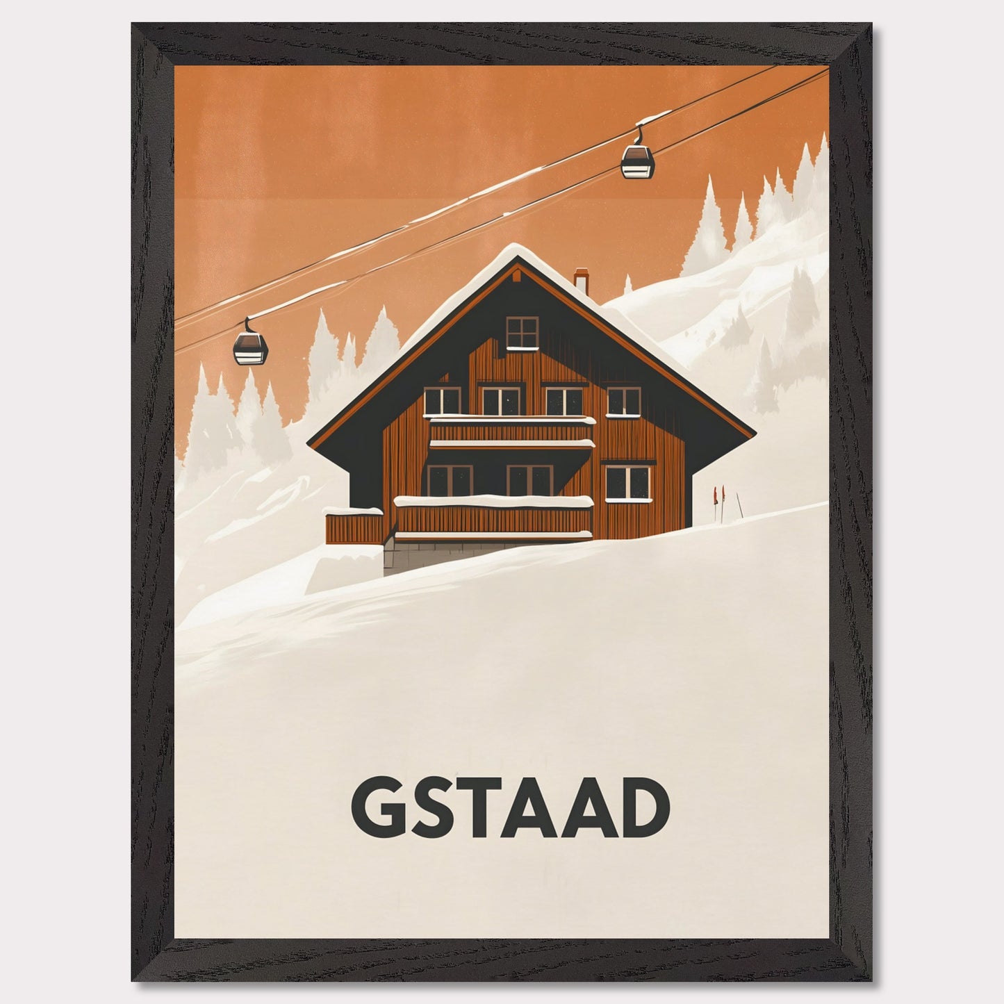 A warm, inviting scene of a traditional Swiss chalet surrounded by snowy slopes. A cable car ascends into the distance, emphasizing the region’s skiing culture and cozy mountain retreat.