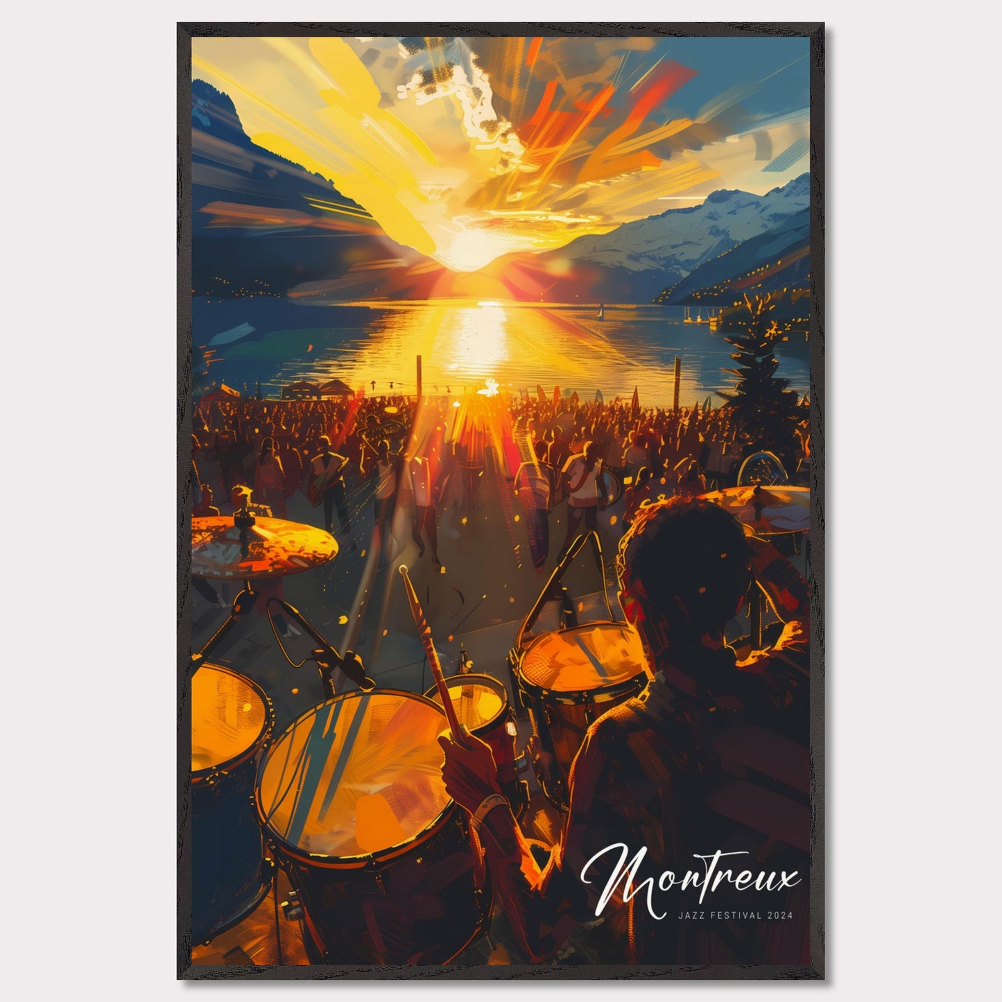 This vibrant image captures the essence of the Montreux Jazz Festival 2024. The scene is set at sunset, with a stunning view of the sun dipping below the horizon over a serene lake, surrounded by majestic mountains. A large crowd is gathered, immersed in the music, while a drummer plays energetically in the foreground.