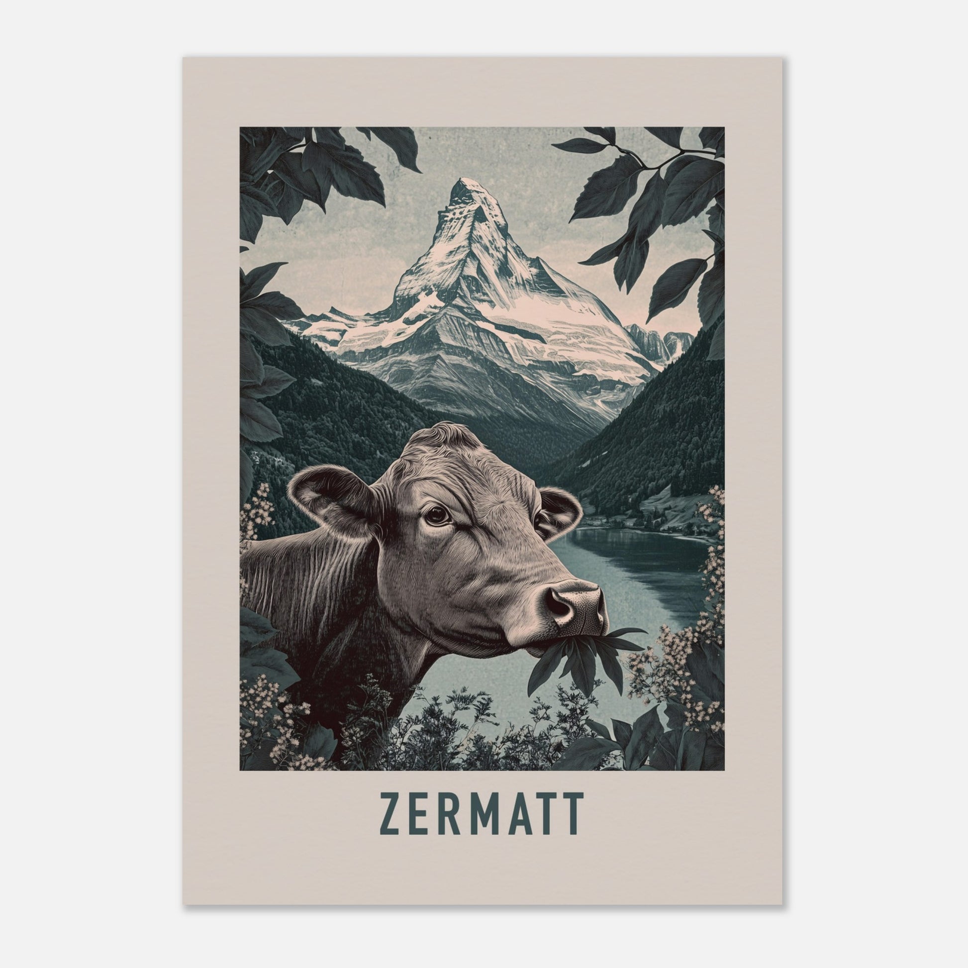 This minimalist yet striking poster captures the essence of Zermatt's natural charm through its bold composition and vintage-inspired design. At the heart of the image is a curious cow enjoying alpine foliage, framed by lush greenery, with the iconic Matterhorn towering in the background. The muted color palette enhances the timeless appeal, blending a sense of serenity and rustic life.