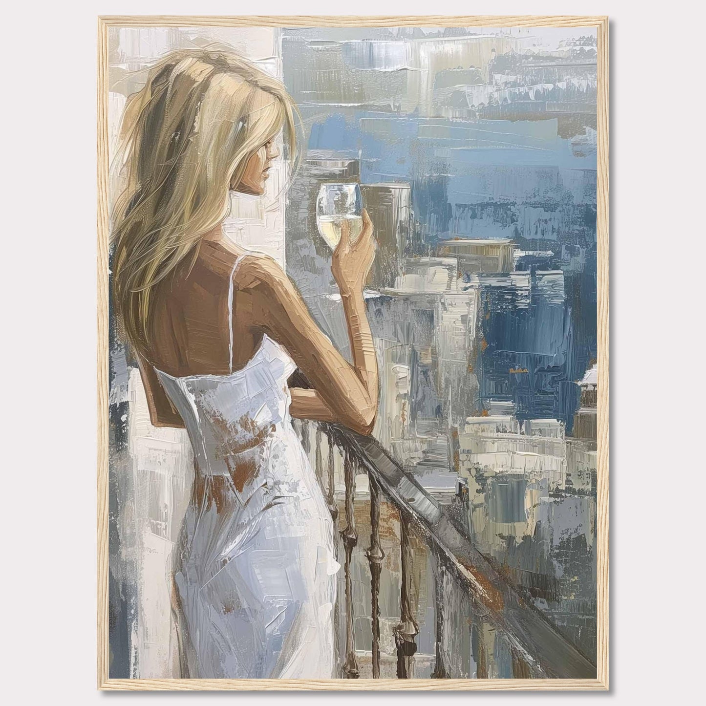 This painting depicts a serene moment where a woman, dressed in a white dress, stands on a balcony holding a glass of wine. The background features an impressionistic cityscape with various shades of blue and gray.