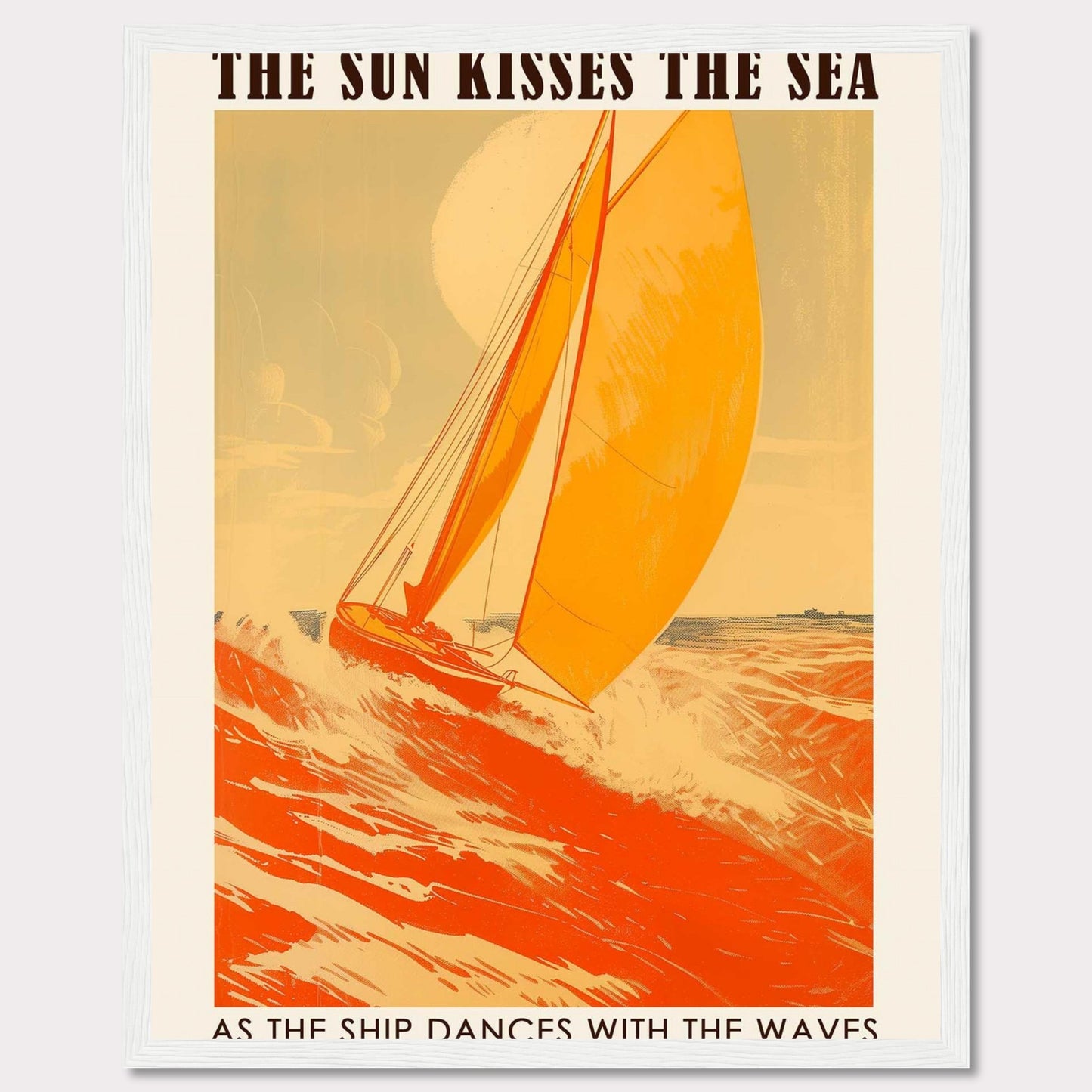 This vibrant poster captures the essence of sailing with a bright orange sailboat cutting through the waves under a warm sun. The bold text reads, "THE SUN KISSES THE SEA" and "AS THE SHIP DANCES WITH THE WAVES," evoking a sense of adventure and freedom.