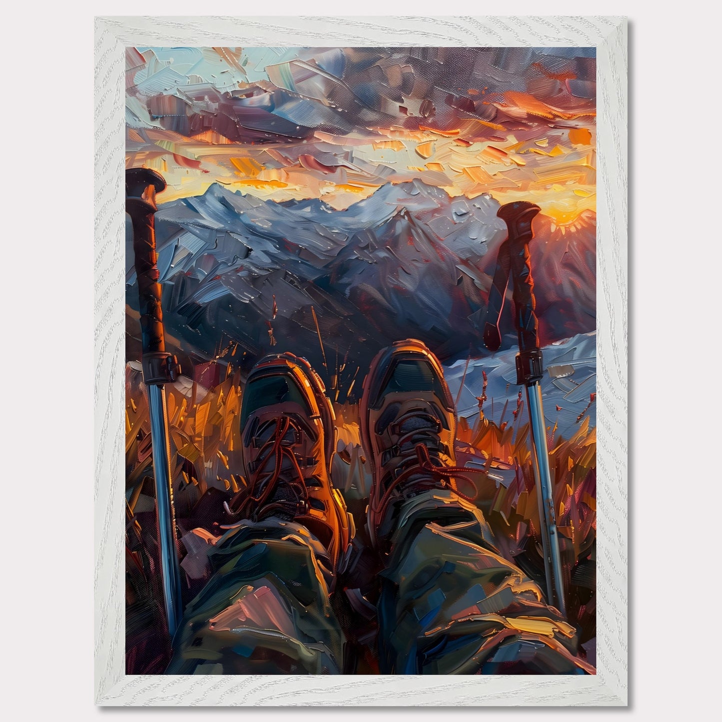 This illustration depicts a serene mountain landscape at sunset, viewed from the perspective of a hiker resting with their legs stretched out.