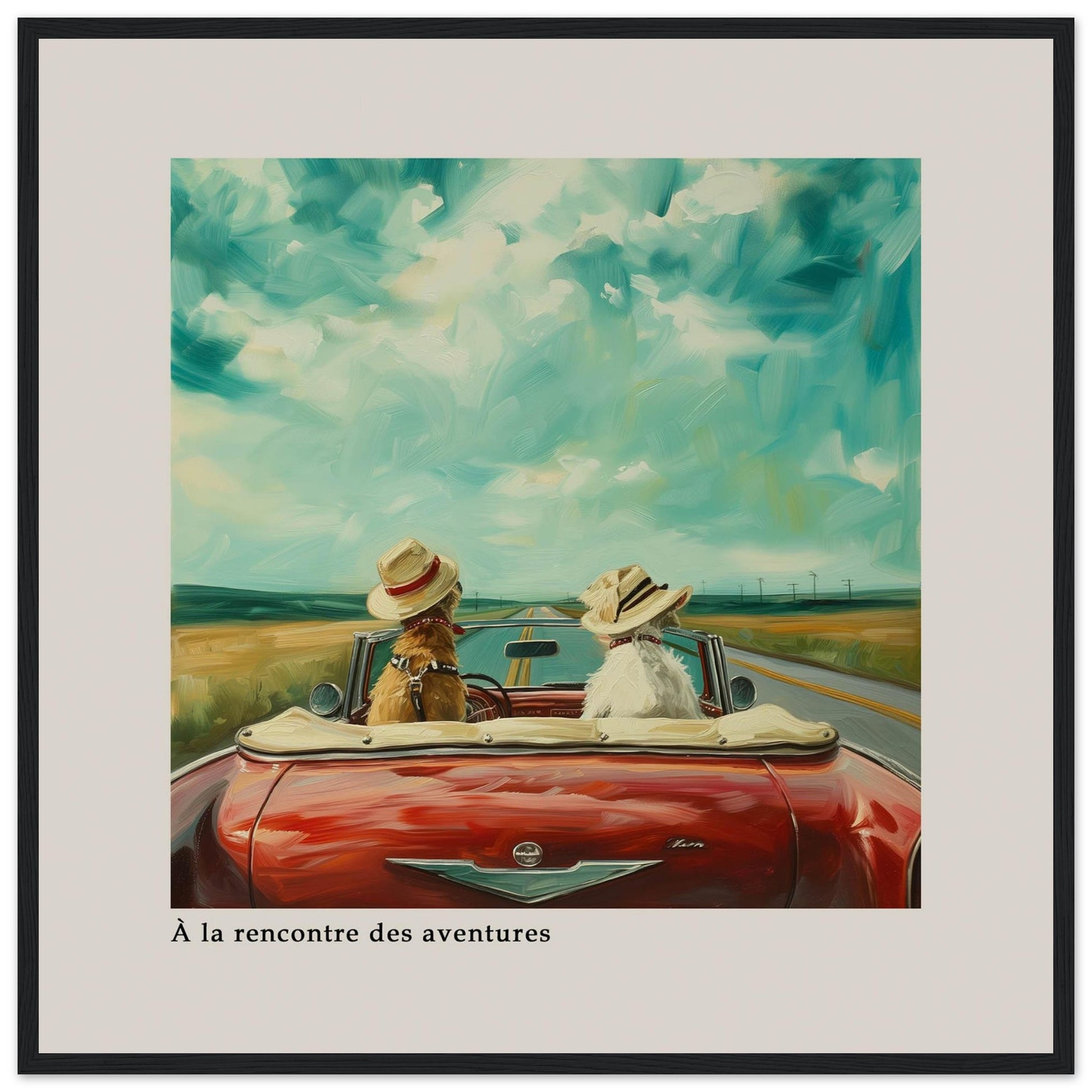 This charming artwork depicts two dogs wearing hats, riding in a red convertible on an open road under a vibrant sky. The scene evokes a sense of adventure and freedom.