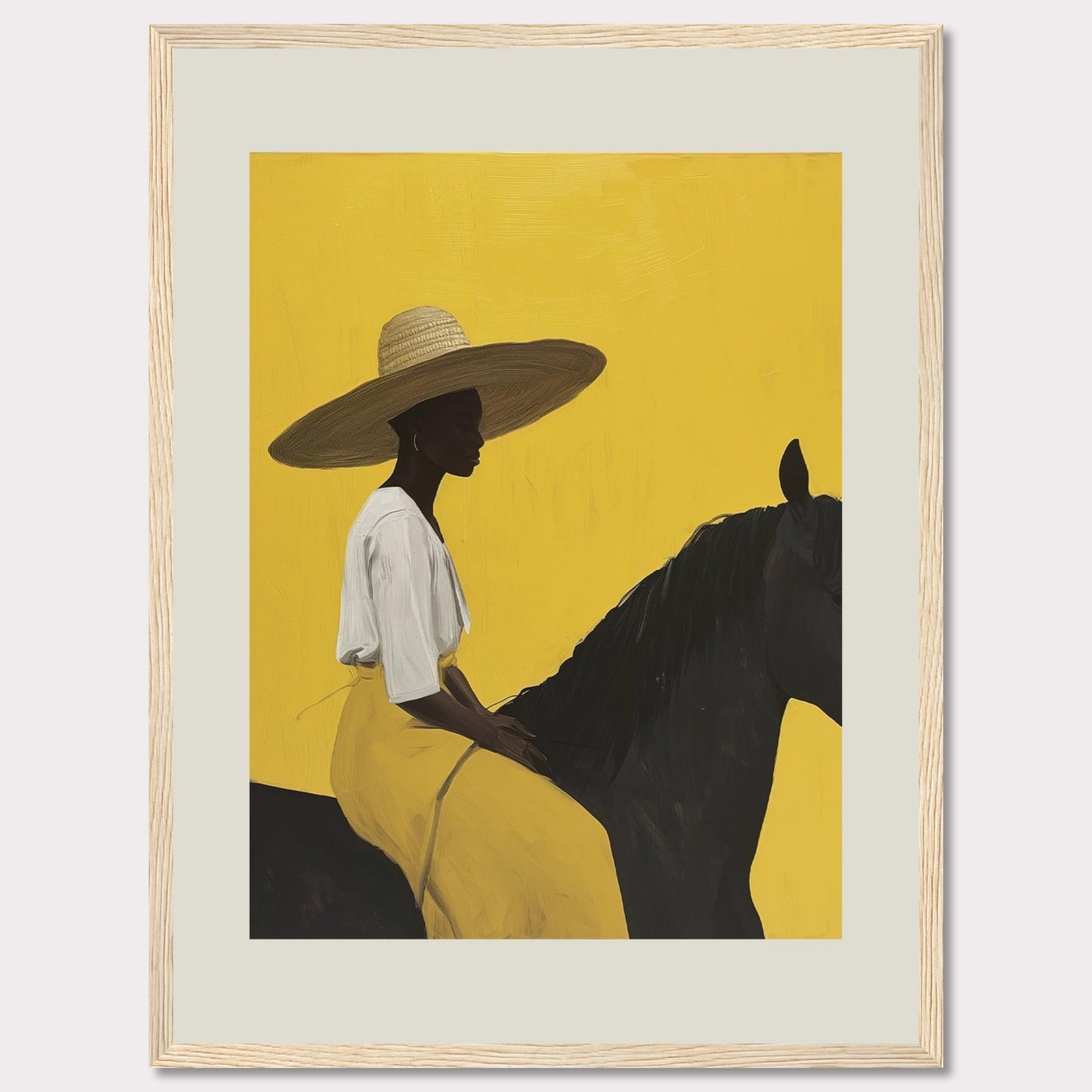 This striking artwork features a silhouette of a person wearing a wide-brimmed hat, seated on a dark horse against a vibrant yellow background. The figure is adorned in a white top and yellow skirt, exuding elegance and tranquility.