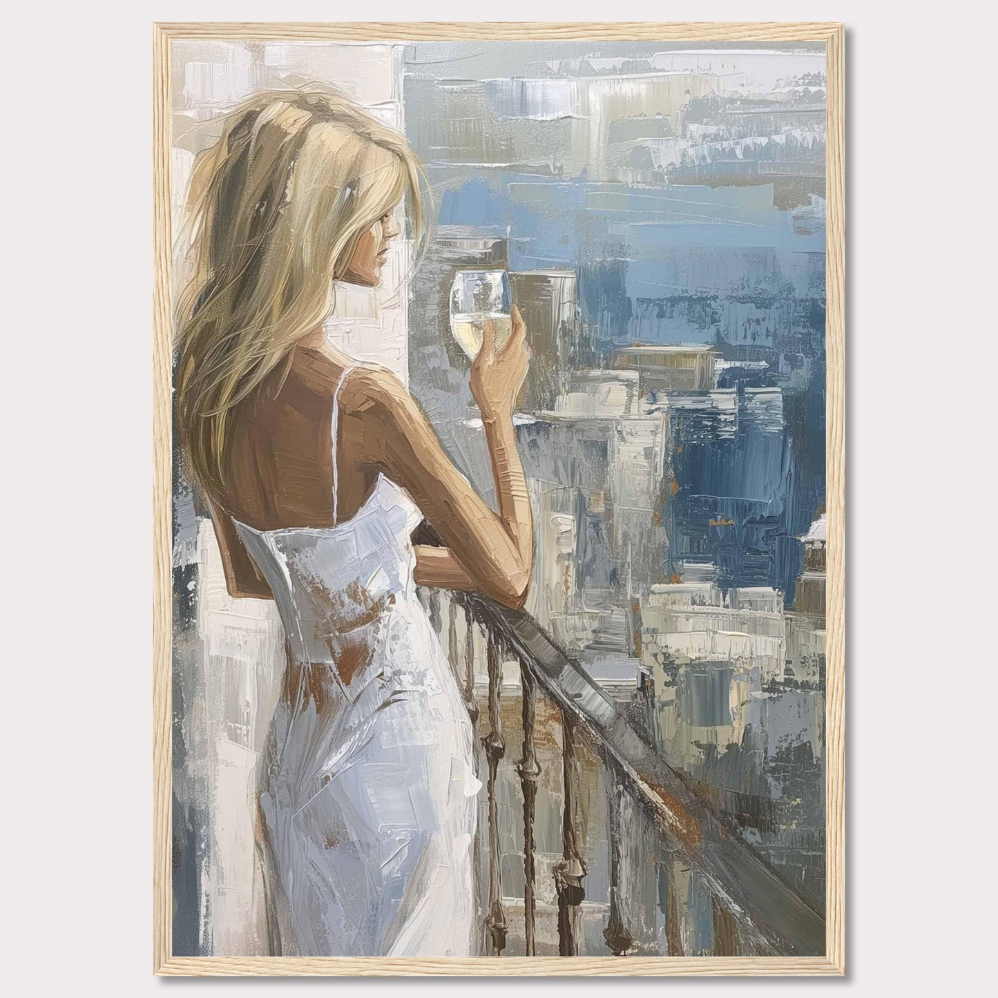 This painting depicts a serene moment where a woman, dressed in a white dress, stands on a balcony holding a glass of wine. The background features an impressionistic cityscape with various shades of blue and gray.