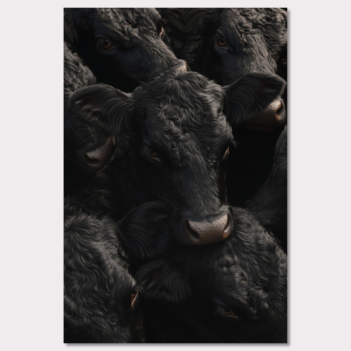 This captivating artwork features a close-up view of several black cows, their faces and textures intricately detailed. The image exudes a sense of unity and calmness among the animals.