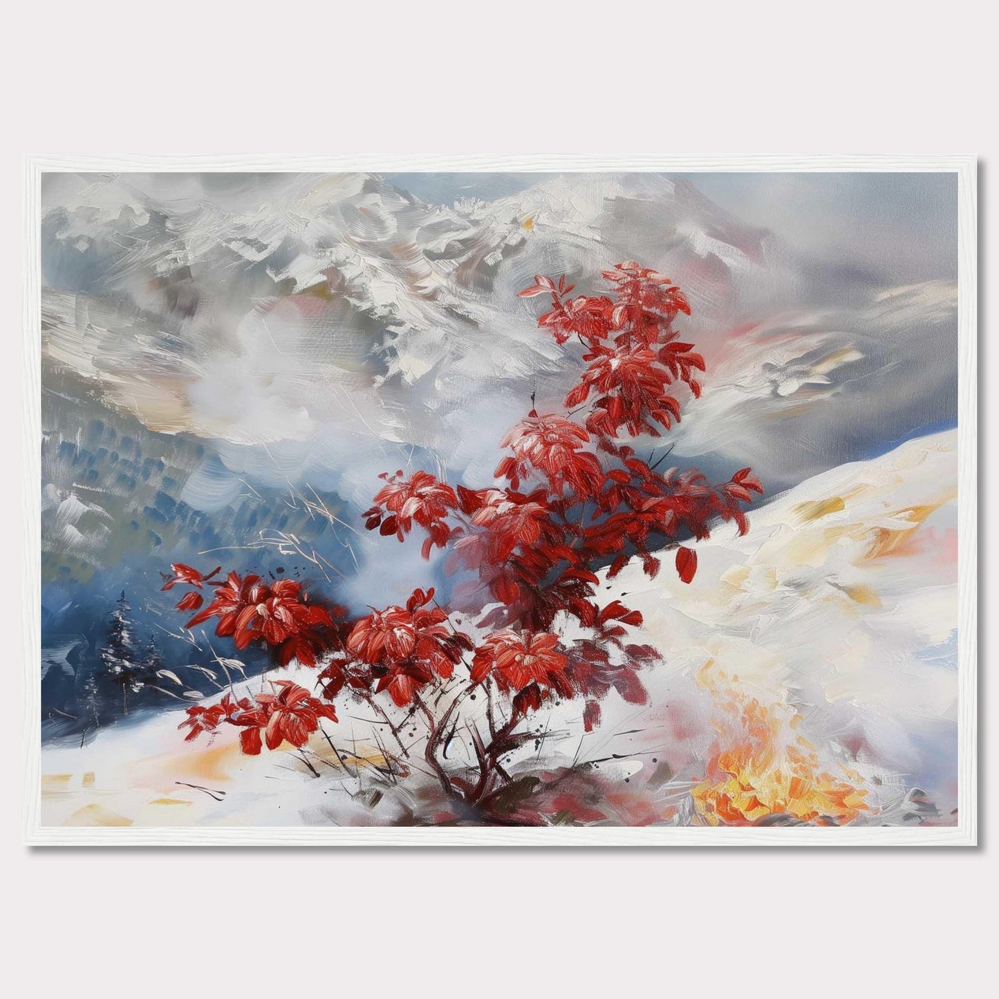 This captivating painting features a vibrant red bush standing out against a serene, snowy landscape. The background showcases majestic mountains partially obscured by mist, adding depth and mystery to the scene. The contrast between the fiery red leaves and the cool, muted tones of the snow and sky creates a striking visual effect.