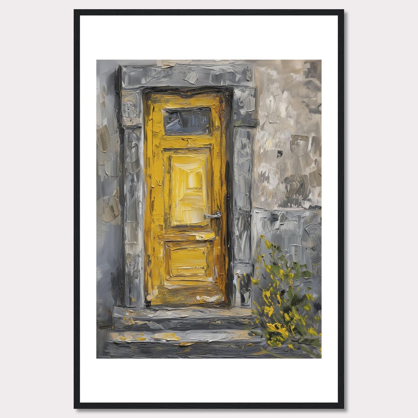 This image showcases a beautiful painting of a vibrant yellow door set within a textured, weathered stone wall. The artwork captures the rustic charm and character of an old building, with hints of greenery peeking through at the bottom right corner.