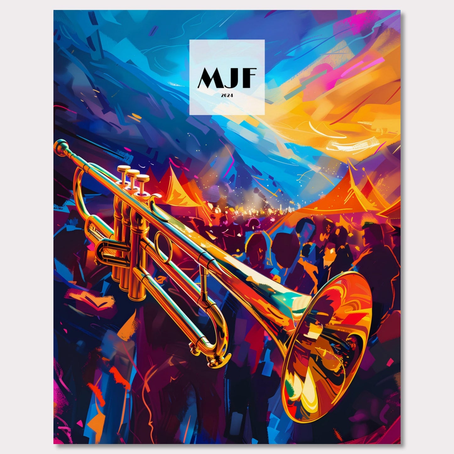 This vibrant poster captures the essence of a lively jazz festival. A gleaming trumpet takes center stage, set against a backdrop of colorful tents and an enthusiastic crowd. The sky is painted with dynamic strokes of blue and orange, adding to the energetic atmosphere.