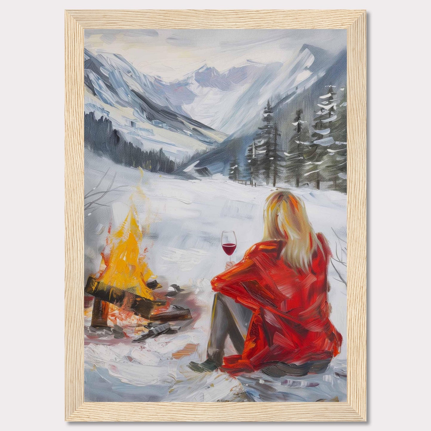 This painting captures a serene winter scene where a person in a red coat sits by a campfire, enjoying a glass of wine amidst a snowy landscape. The backdrop features majestic snow-covered mountains and evergreen trees.