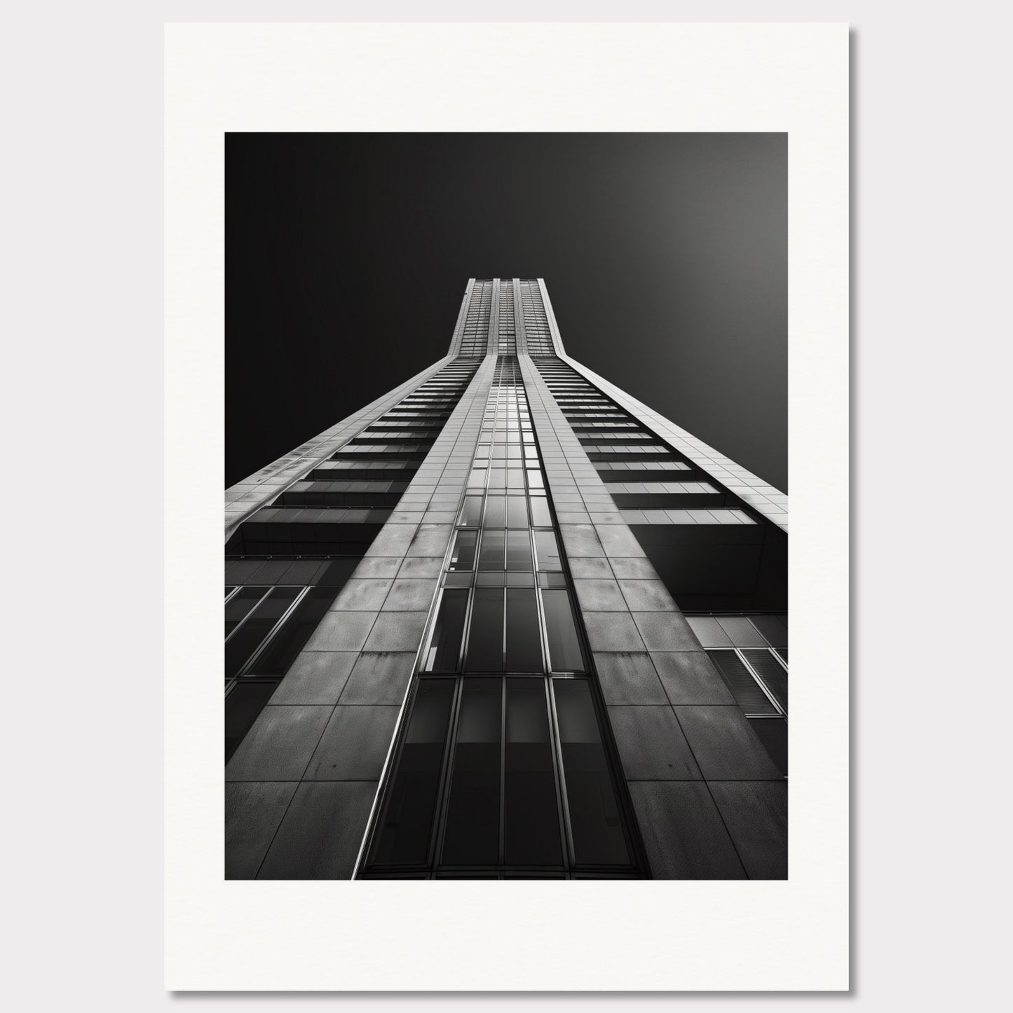 This striking black and white photograph captures the awe-inspiring perspective of looking up at a towering skyscraper. The image emphasizes the sleek lines and modern architecture, drawing the viewer's eye upwards towards the sky.