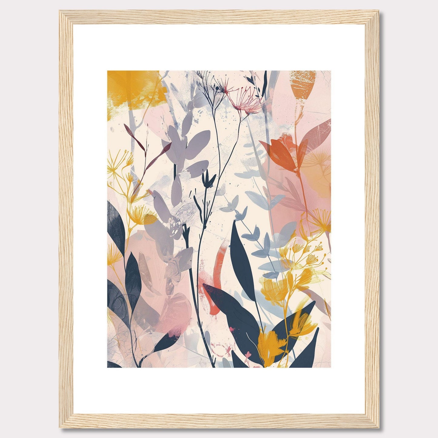 This image showcases a beautiful abstract botanical art print. It features a blend of soft and vibrant colors, depicting various plant forms and leaves.