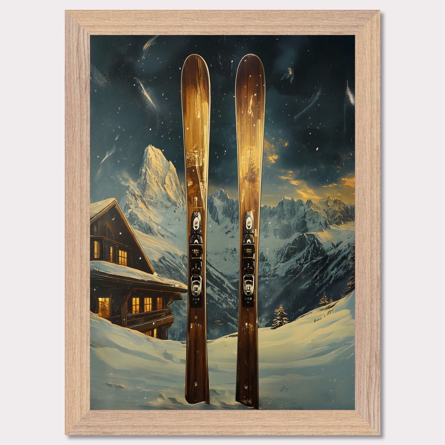 This dynamic poster showcases the exhilaration of a high-speed skiing adventure. Featuring a skier soaring off a powdery jump with a stunning panoramic view of rugged mountain ranges, it encapsulates the spirit of daring exploration and freedom. The vibrant energy of the scene is infectious.