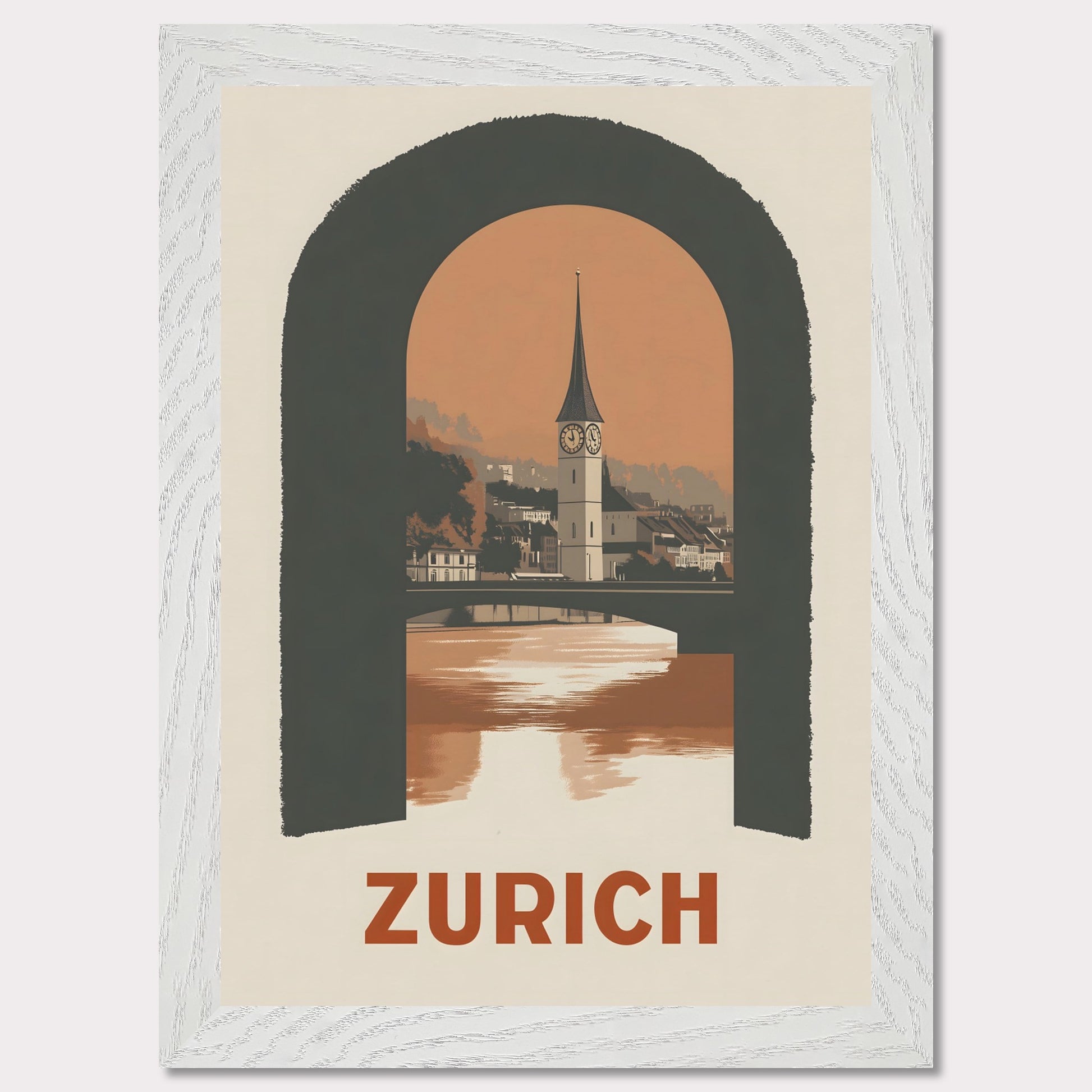 A sophisticated poster featuring Zurich’s historic clock tower, framed through an arched window. The blend of soft tones and bold composition creates a striking visual balance.