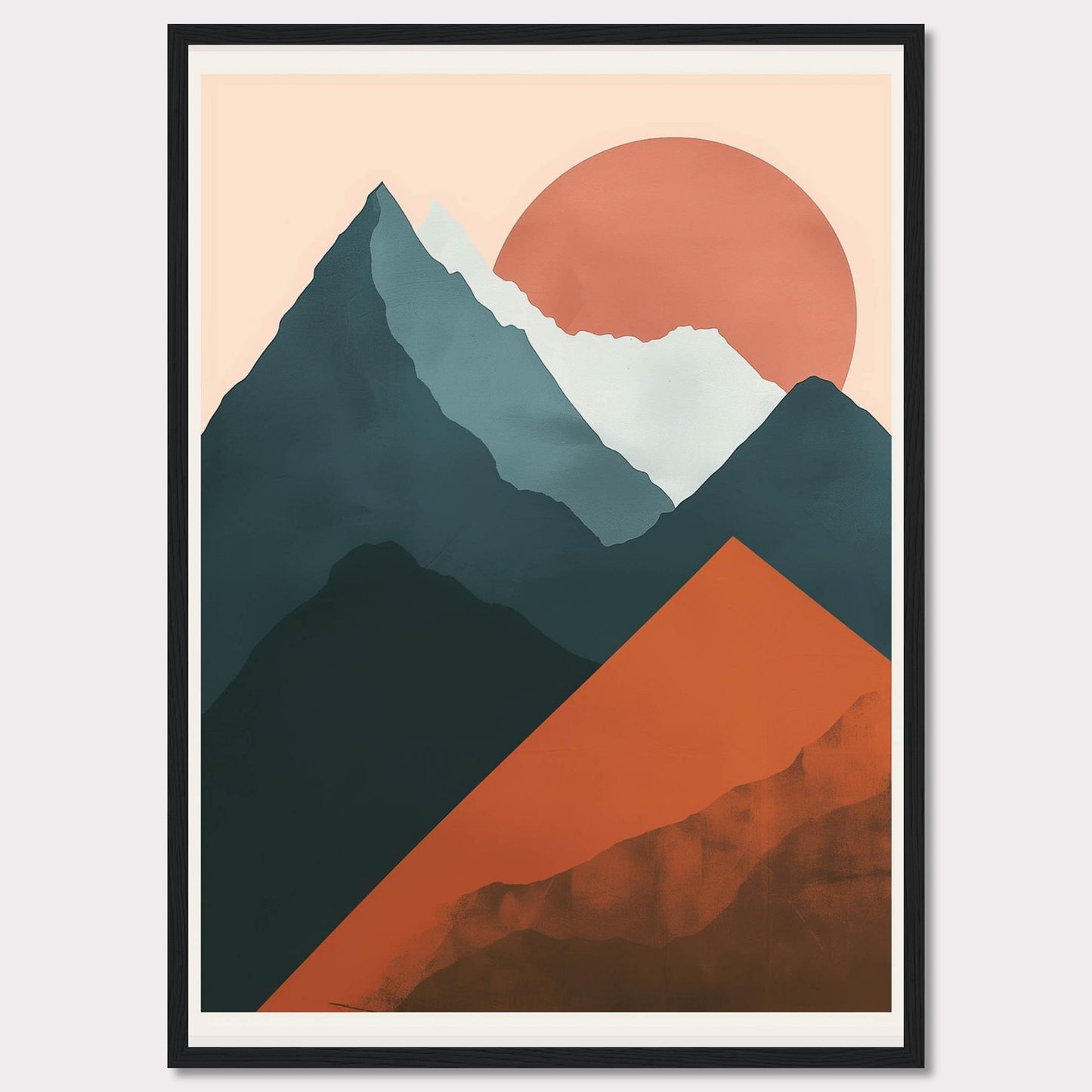 This is a modern, abstract art print featuring a mountain landscape with a large sun setting in the background. The artwork uses bold, contrasting colors to create a striking visual impact.