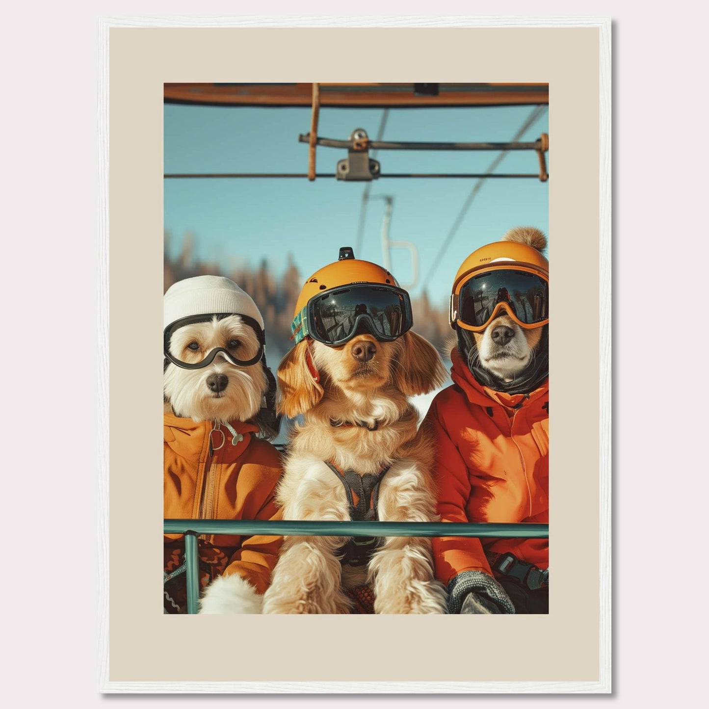 This charming photo features three adorable dogs dressed in winter gear, complete with helmets and goggles, enjoying a ride on a ski lift. The bright blue sky and snowy background add to the fun and adventurous atmosphere.