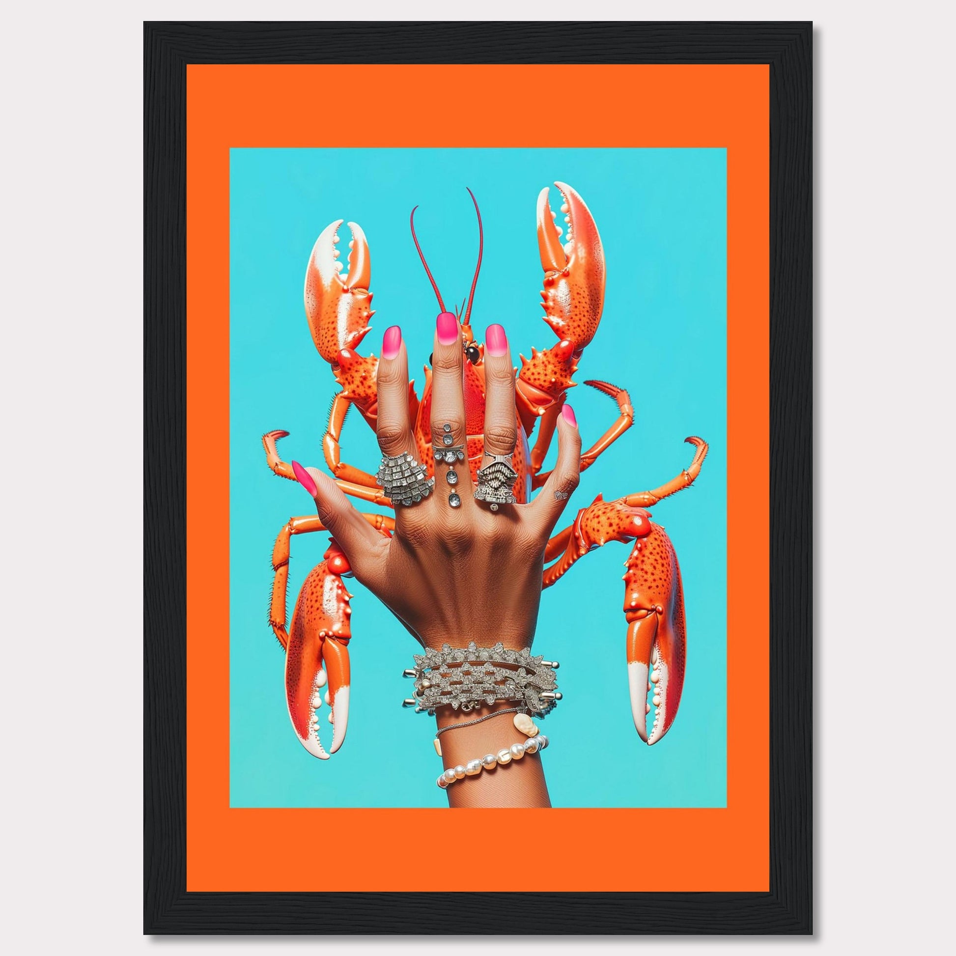 This vibrant and quirky artwork features a hand adorned with luxurious rings and bracelets, holding a bright orange lobster against a vivid blue background. The contrast between the bold colors and the intricate jewelry creates a striking visual impact.