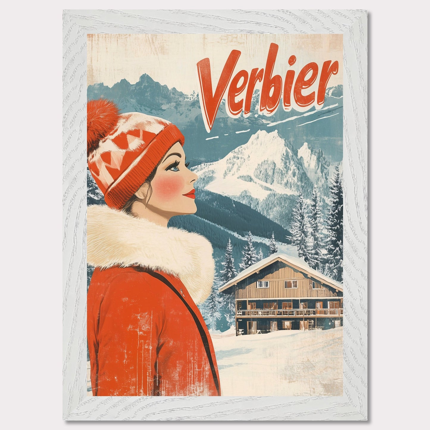 This elegant retro-style poster features a woman in a stylish red winter coat and pom-pom hat, looking towards the majestic Verbier mountains. The soft pastel tones and crisp white snow provide a serene backdrop, while the vintage design and typography evoke a sense of sophistication and timeless charm. The poster conveys the allure of Verbier as both an adventure and a refined escape into nature’s beauty.