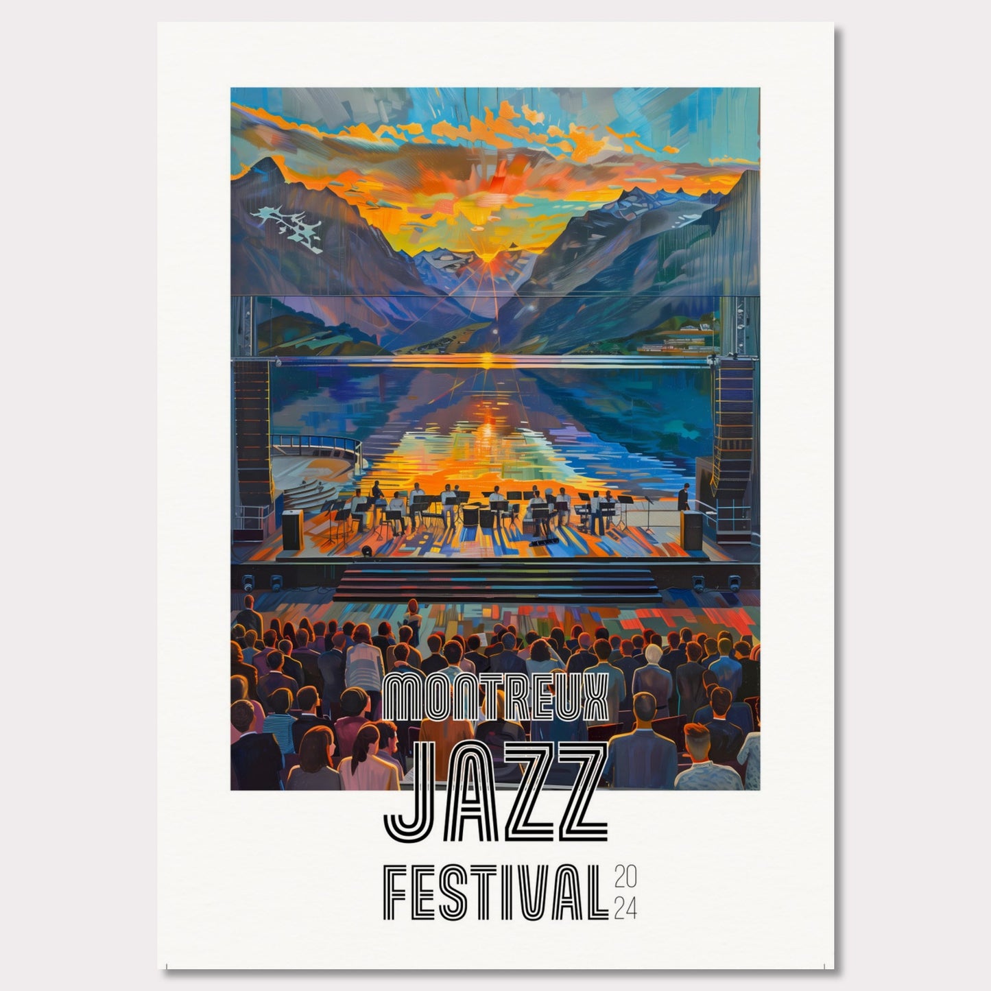 This vibrant poster showcases the Montreux Jazz Festival 2024. The image captures a stunning sunset over a serene lake surrounded by mountains, with a jazz band performing on an outdoor stage. The audience is depicted enjoying the music, creating a lively and engaging atmosphere.