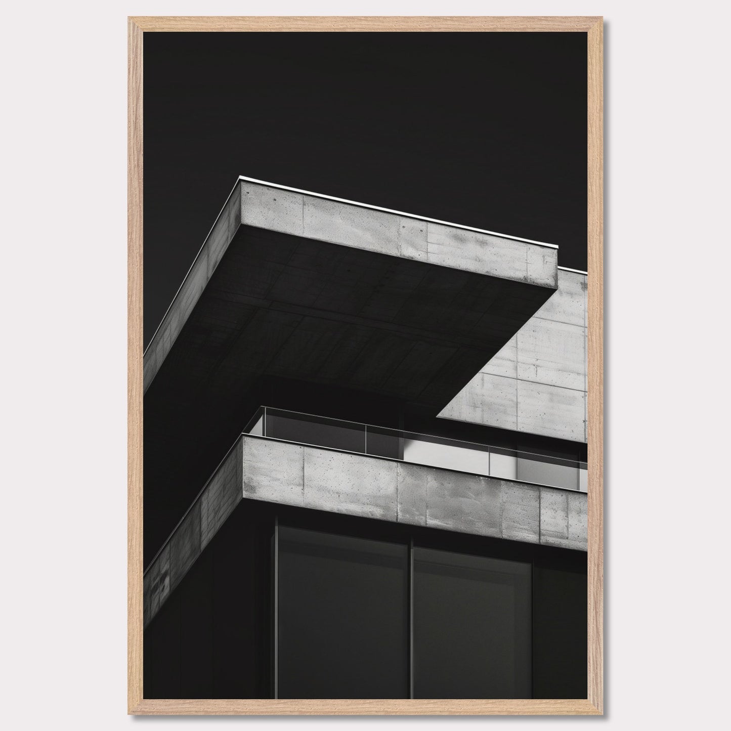 This striking black and white photograph captures the modern architectural lines of a concrete building against a dark background. The image highlights the stark contrast and geometric precision of contemporary design.