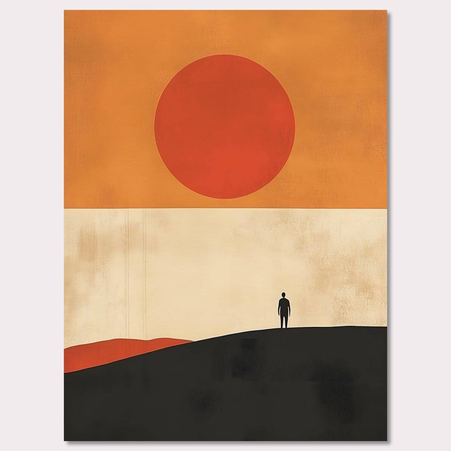 A striking minimalist artwork that conveys a sense of isolation and reflection. A lone figure stands on a hill under an oversized sun, evoking themes of wanderlust, contemplation, and the vastness of the world. The warm tones and simple composition give it a timeless, meditative feel.