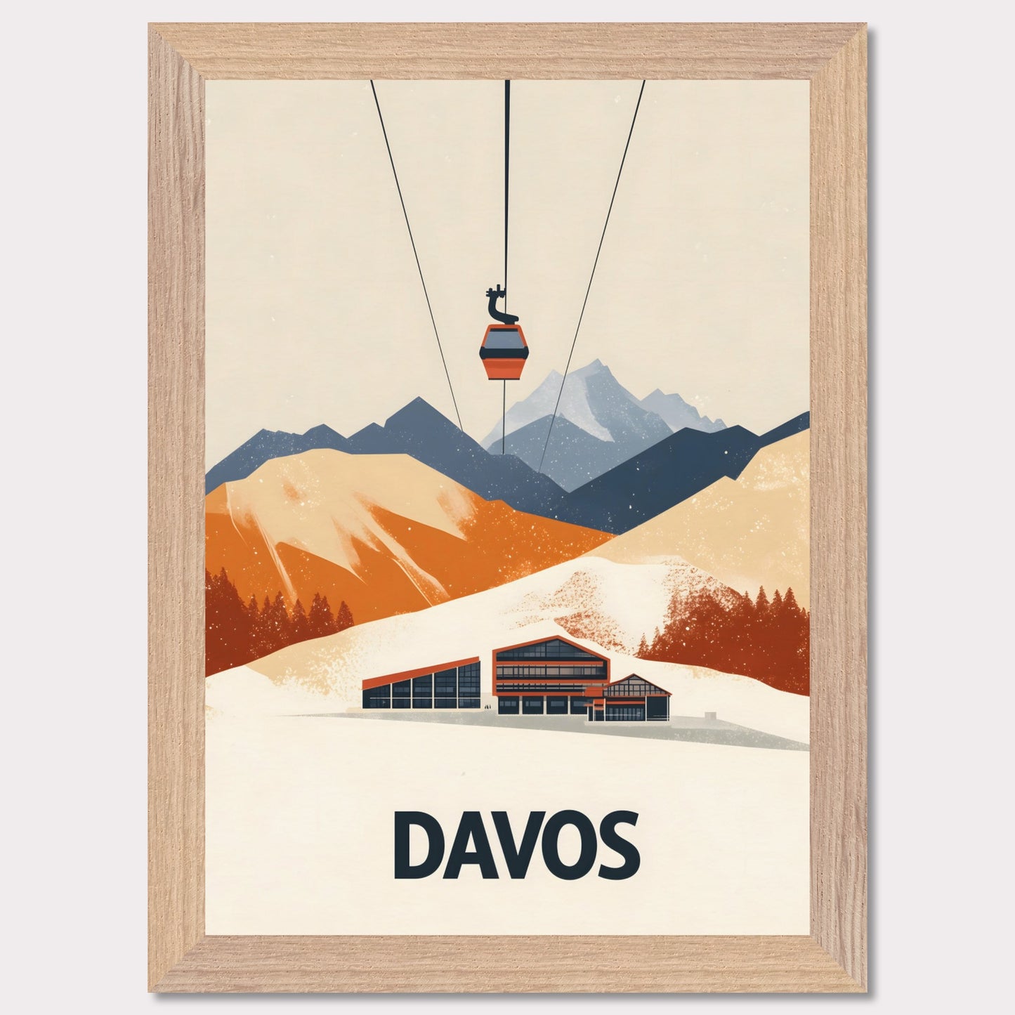 A stunning visual of a winter resort in Davos, nestled among snow-covered mountains. A cable car ascends above, symbolizing the excitement of skiing and high-altitude adventures.