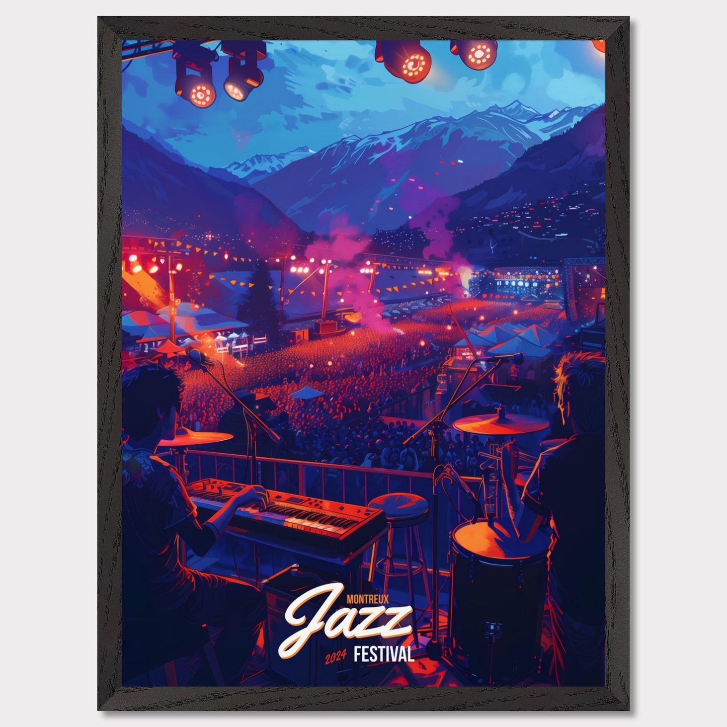 Experience the magic of the Montreux Jazz Festival 2024! This vibrant poster captures the essence of a live performance with a stunning mountain backdrop, colorful stage lights, and an enthusiastic crowd. Feel the rhythm, join the celebration, and be part of this unforgettable musical journey!