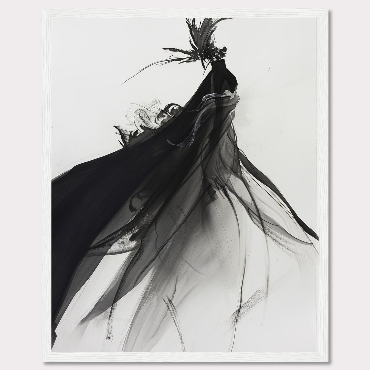 This captivating artwork features a fluid, abstract depiction of a black swan in motion, rendered in striking black and white tones. The swan is adorned with a dramatic headpiece and flowing plumage that create a sense of elegance and movement.