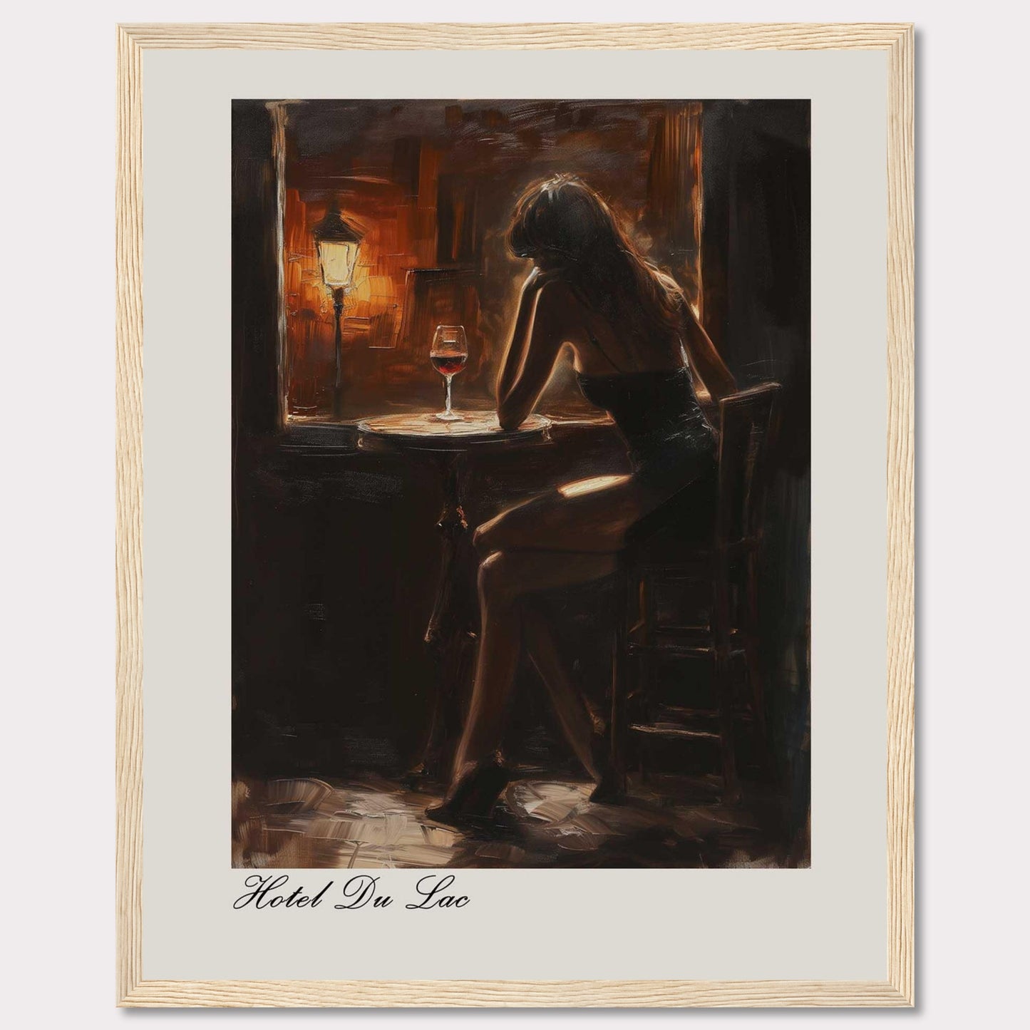 This evocative artwork captures a solitary moment in a dimly lit bar. A woman sits contemplatively at a small round table, illuminated by the warm glow of a nearby lamp. A glass of red wine rests on the table, adding to the intimate and reflective atmosphere. The painting is titled "Hotel Du Lac," suggesting a scene filled with stories and emotions.