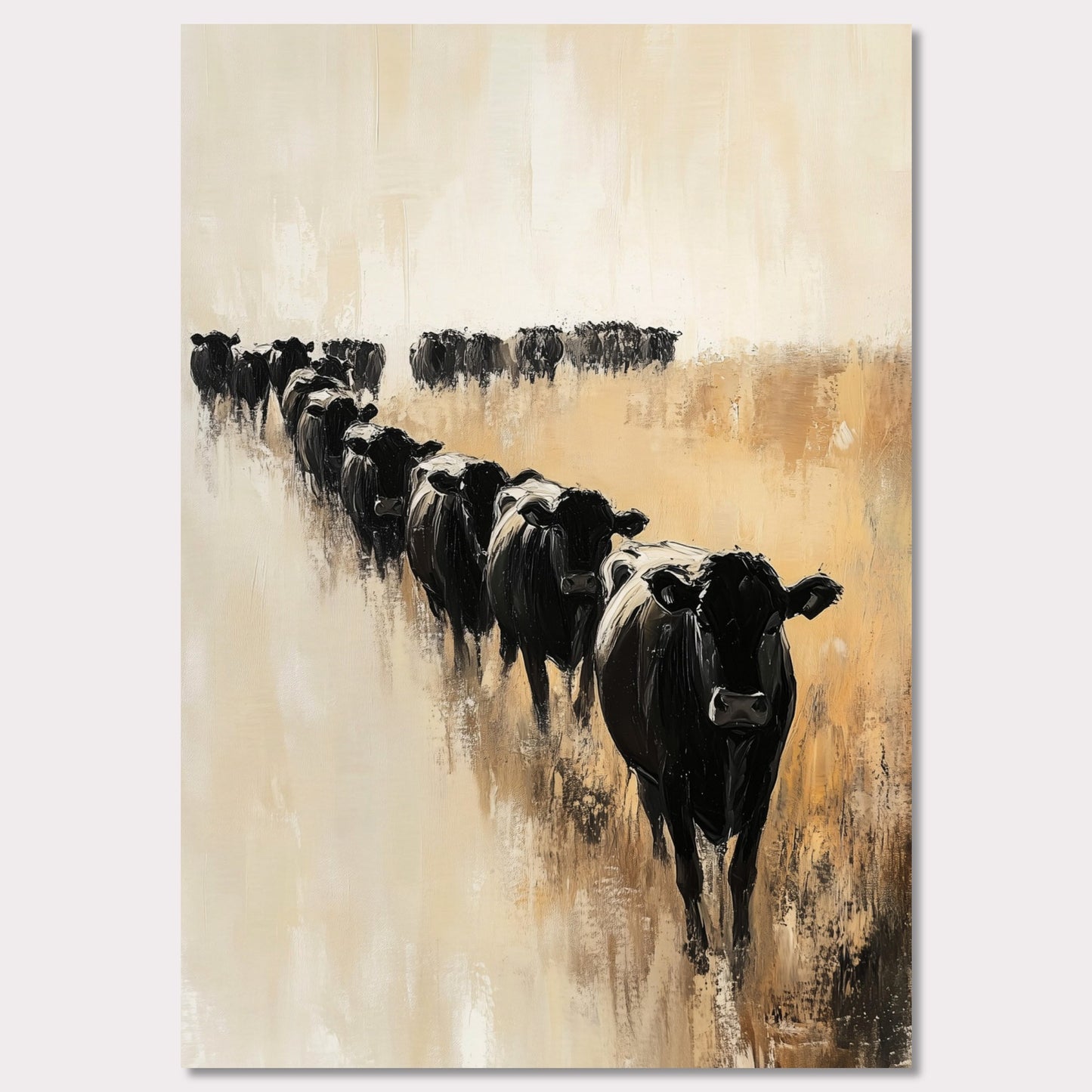 This captivating artwork portrays a herd of black cows walking in a line across a serene, golden field. The abstract brush strokes and muted color palette evoke a sense of calm and tranquility.