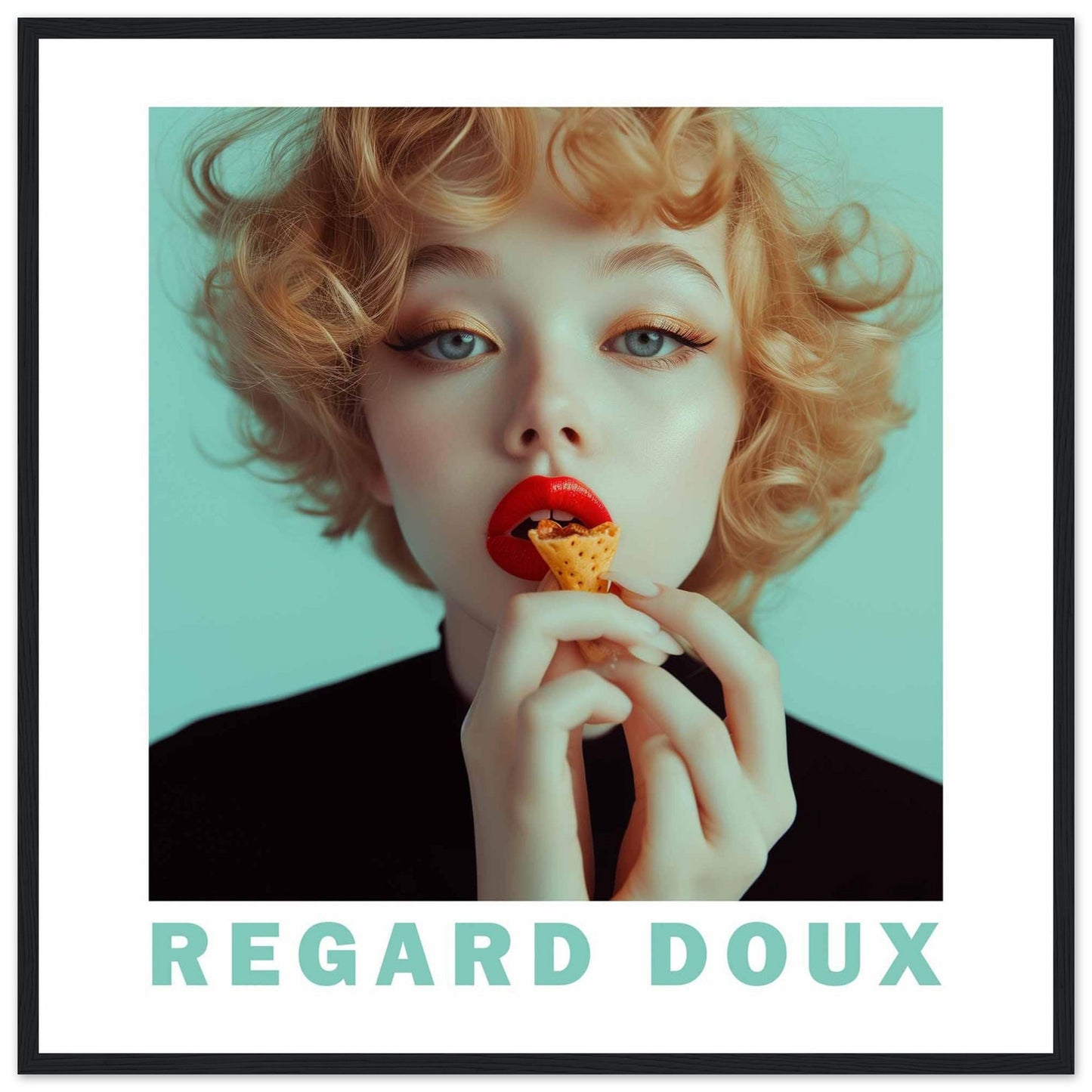 This captivating image showcases a young woman with striking red lips, holding a small cone-shaped snack close to her mouth. Her curly blonde hair frames her face beautifully, and her eyes exude a gentle, dreamy expression. The background is a soft teal color, adding to the overall serene and enchanting atmosphere. The text "REGARD DOUX" at the bottom translates to "Soft Gaze," perfectly capturing the essence of the image.