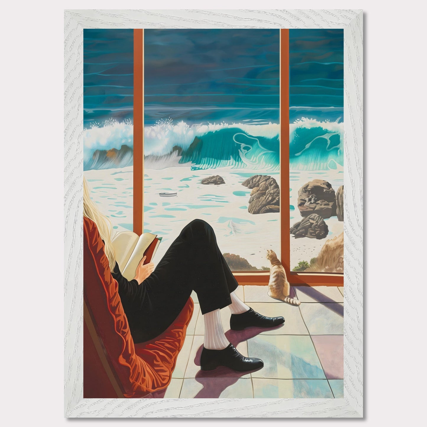 This captivating artwork depicts a serene scene where a person is sitting comfortably by a large window, reading a book. Outside, the ocean waves crash against the rocky shore, creating a mesmerizing view. A cat sits by the window, also gazing at the beautiful seascape.