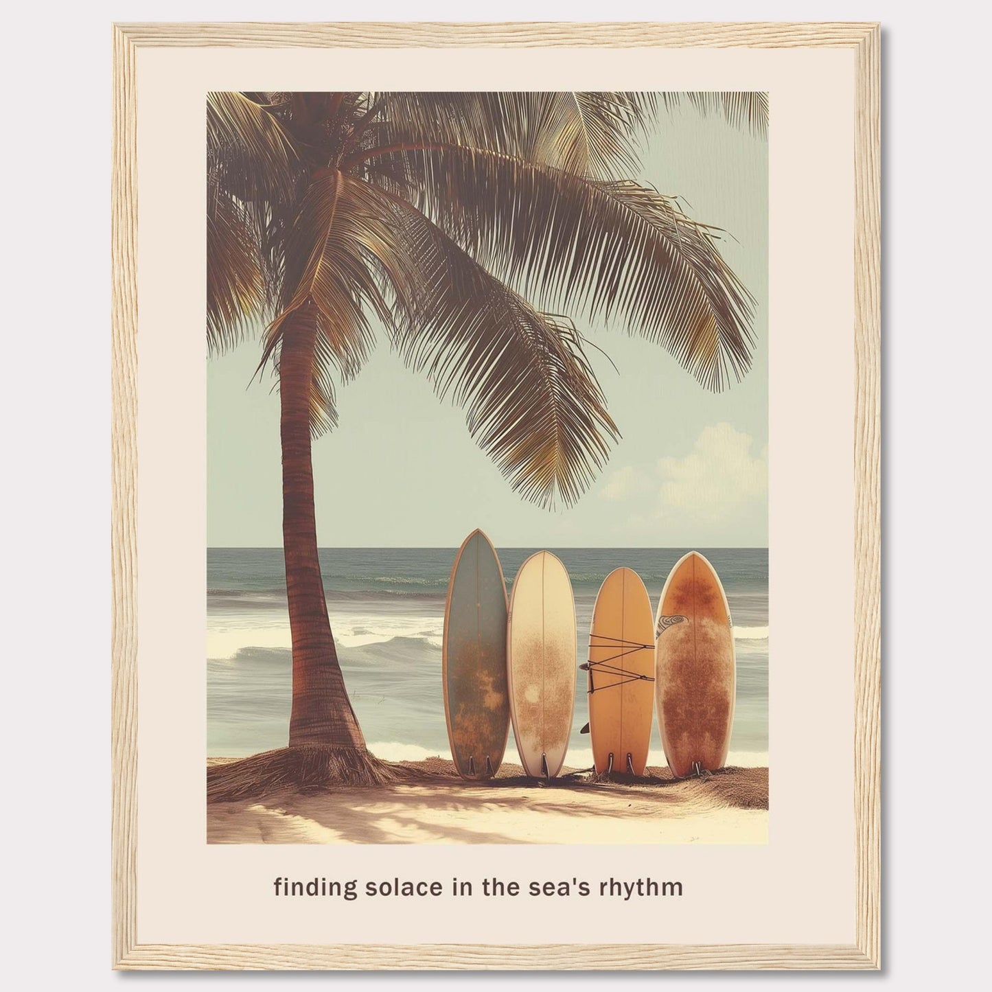 This image captures a serene beach scene with surfboards resting against a palm tree, inviting you to find peace in the ocean's rhythm.