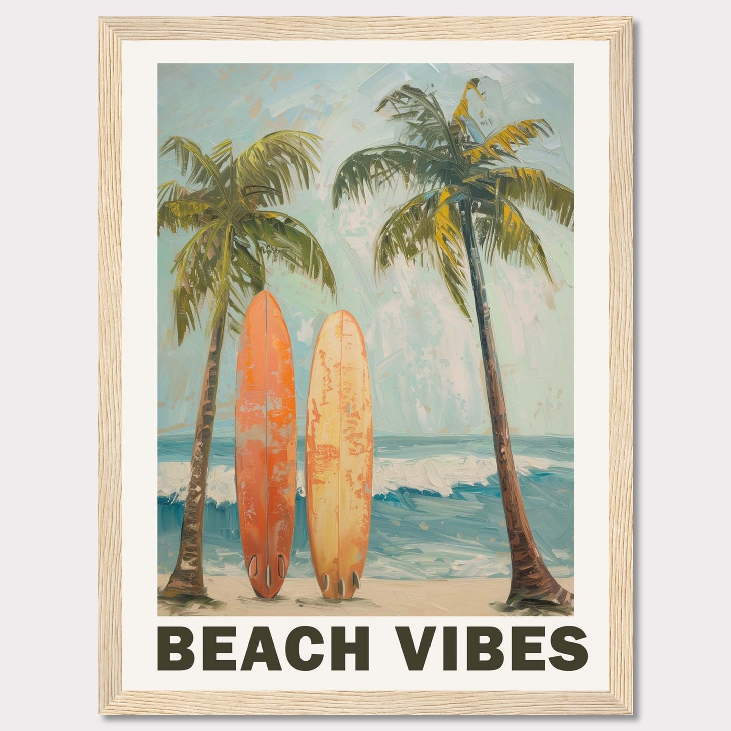 This vibrant artwork captures the essence of a perfect beach day. Two surfboards rest against tall palm trees, with waves crashing in the background and a clear sky above.