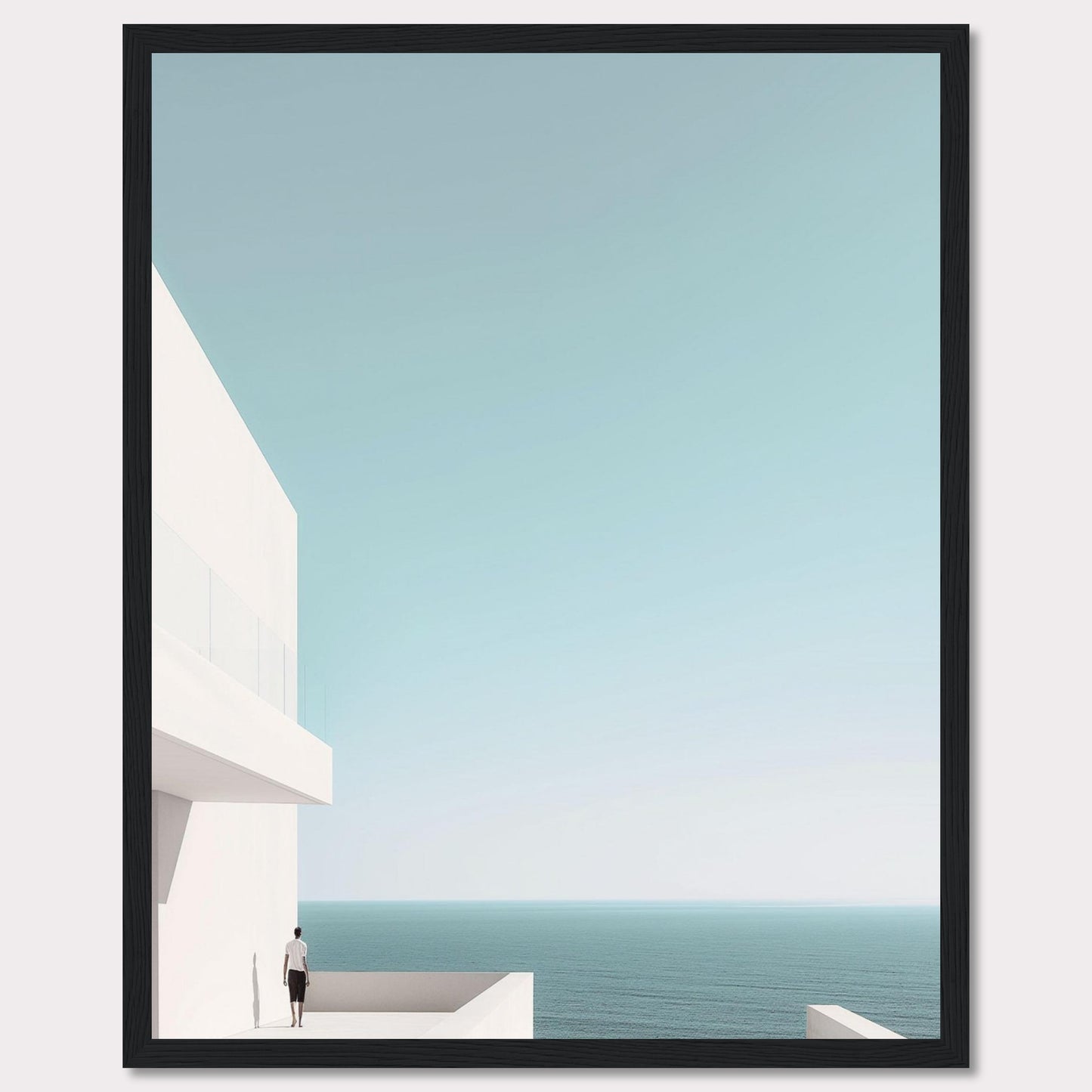 This serene image captures a minimalist coastal scene featuring a modern white building overlooking the tranquil ocean. A solitary figure stands on a balcony, gazing out at the expansive sea and clear sky. The composition exudes calmness and simplicity, inviting viewers to embrace a moment of peaceful reflection.