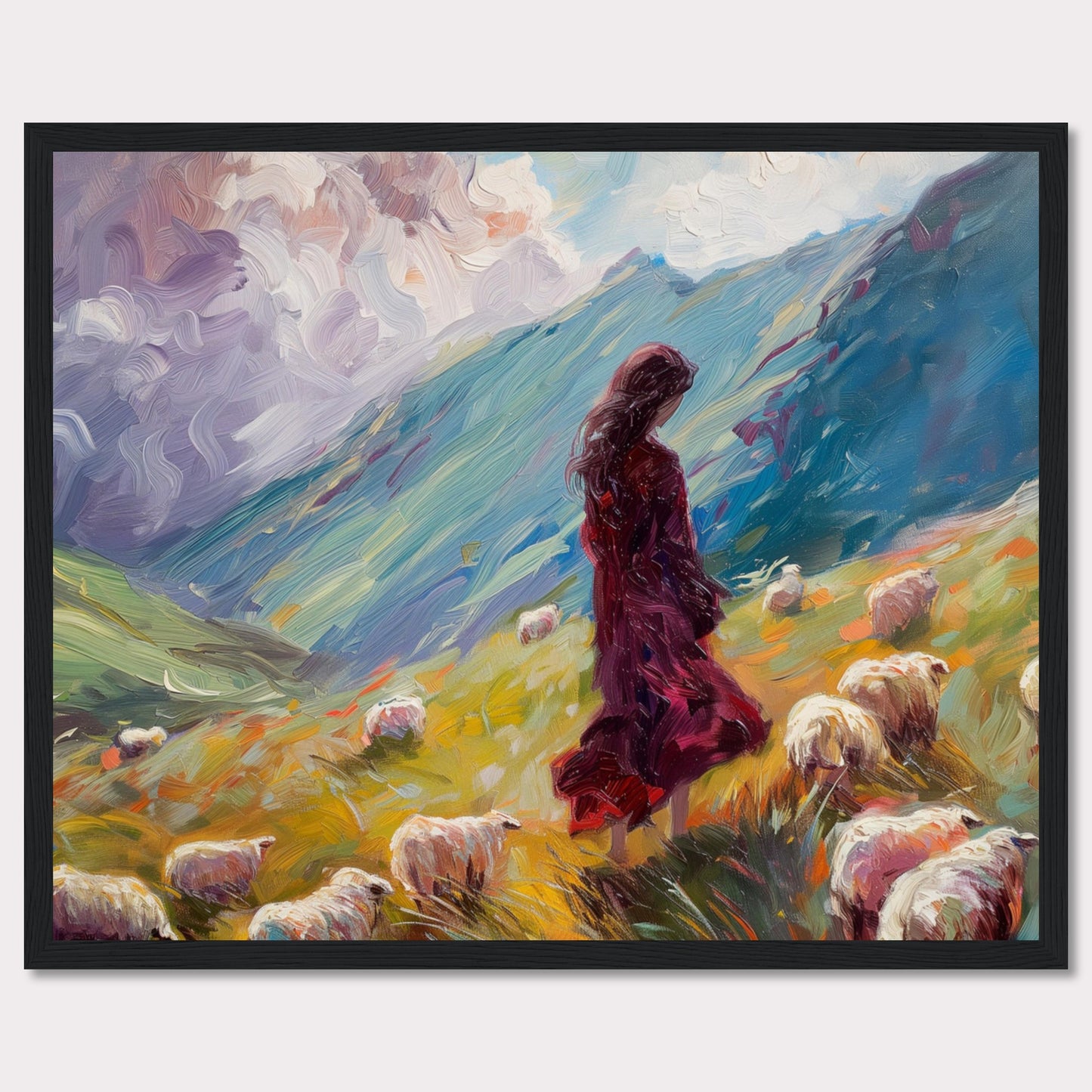 This captivating painting portrays a serene pastoral scene where a woman in a flowing red dress stands amidst a flock of sheep on a vibrant, rolling hillside. The background features dramatic, swirling clouds and lush green mountains, creating a sense of tranquility and connection with nature.