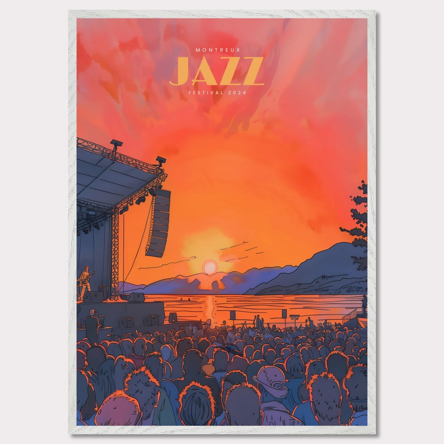 This vibrant poster showcases the Montreux Jazz Festival 2024, capturing the essence of a live outdoor concert at sunset. The scene is set with a large crowd facing a stage where a musician performs against a backdrop of a stunning sunset over a lake and mountains.