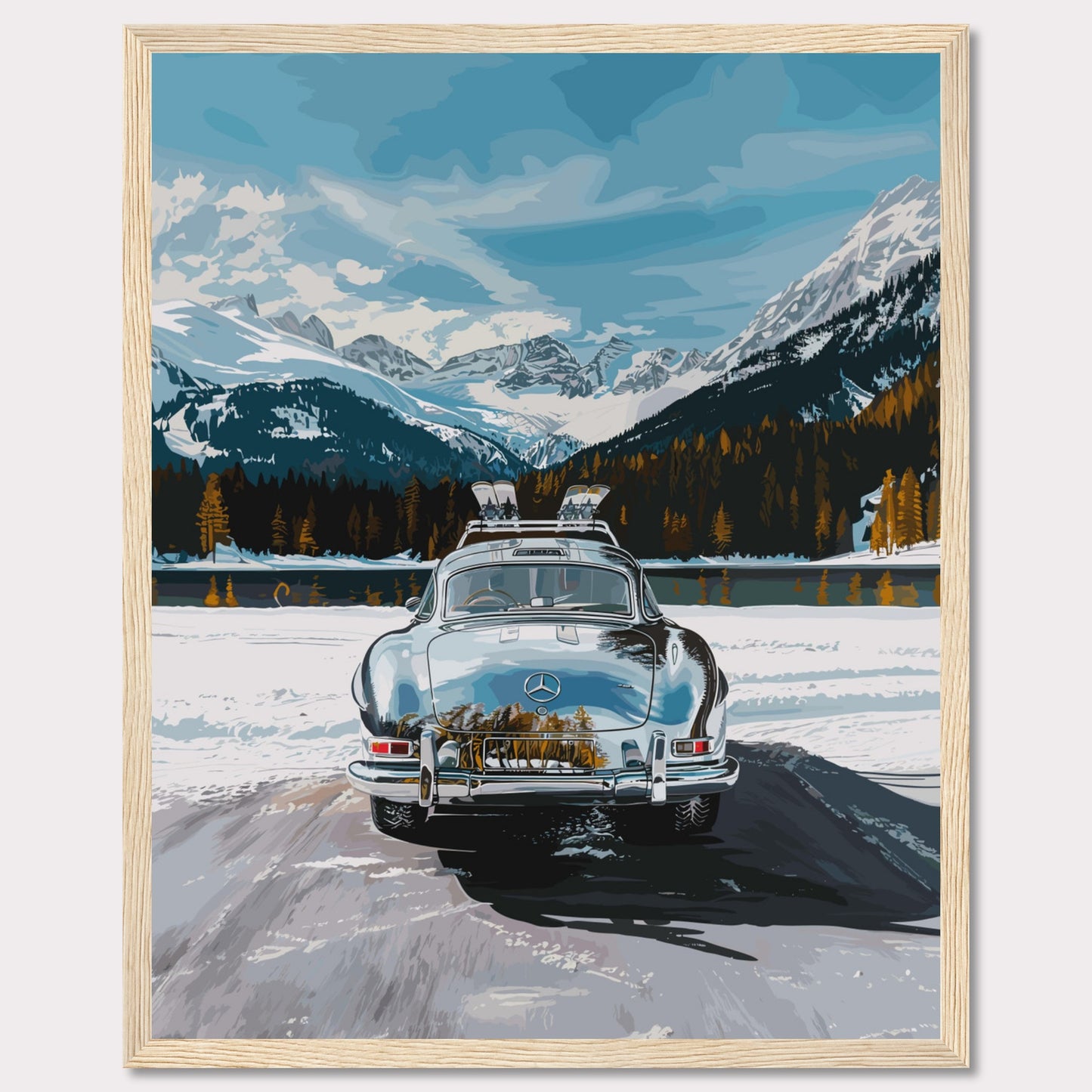 This artwork features a classic car parked on a snowy road with breathtaking snow-capped mountains and a serene lake in the background.