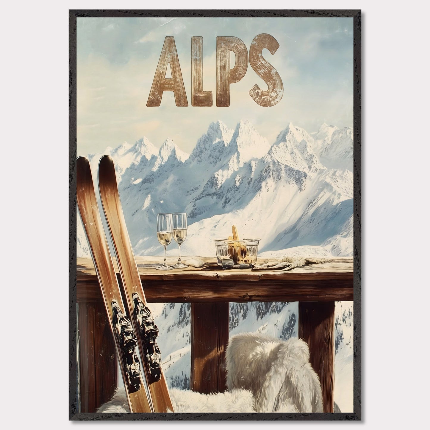 This vibrant poster captures the charm of après-ski culture with a rustic wooden terrace overlooking snow-covered mountains. The warm textures of fur throws and the elegant wine glasses create an inviting post-ski ambiance.