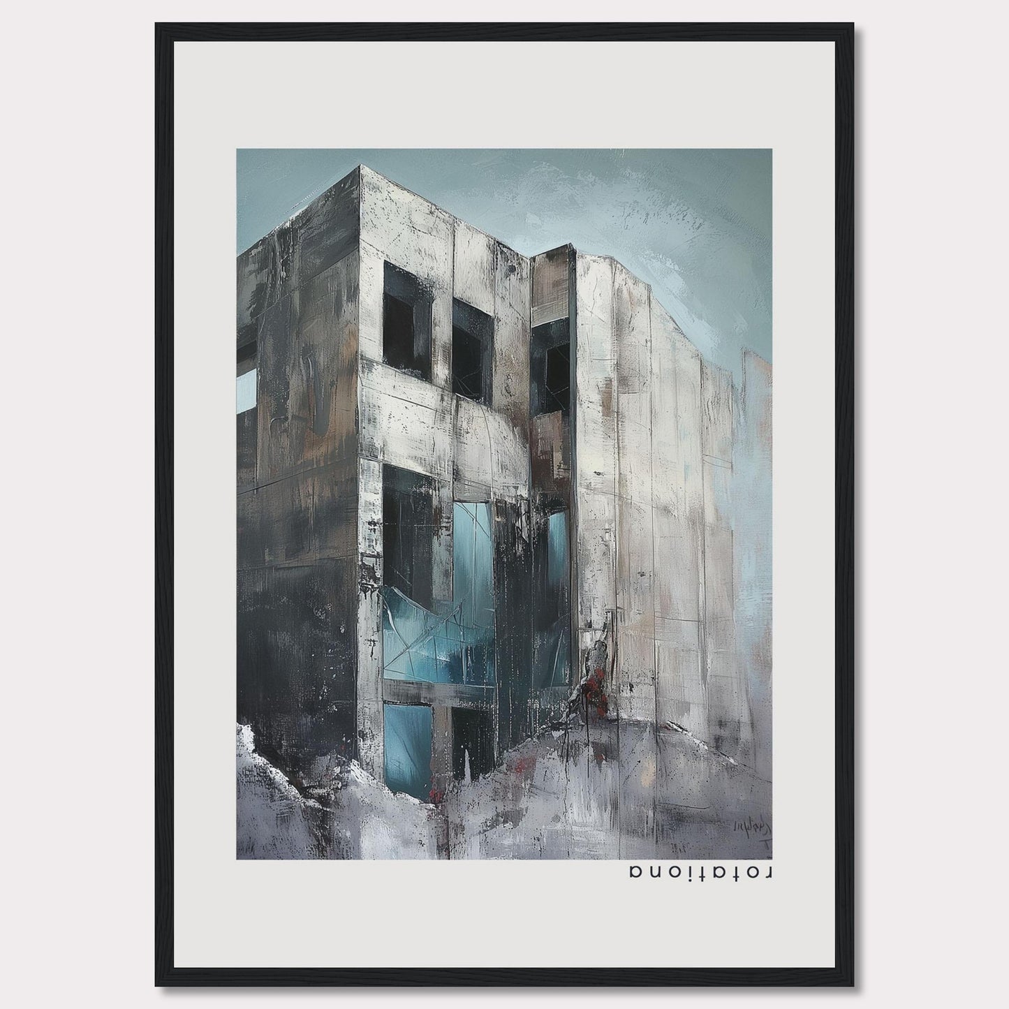 This striking artwork captures a modern, abstract building with a raw and industrial aesthetic. The painting features a weathered facade with large, dark windows, and a mix of cool and neutral tones that evoke a sense of mystery and intrigue.