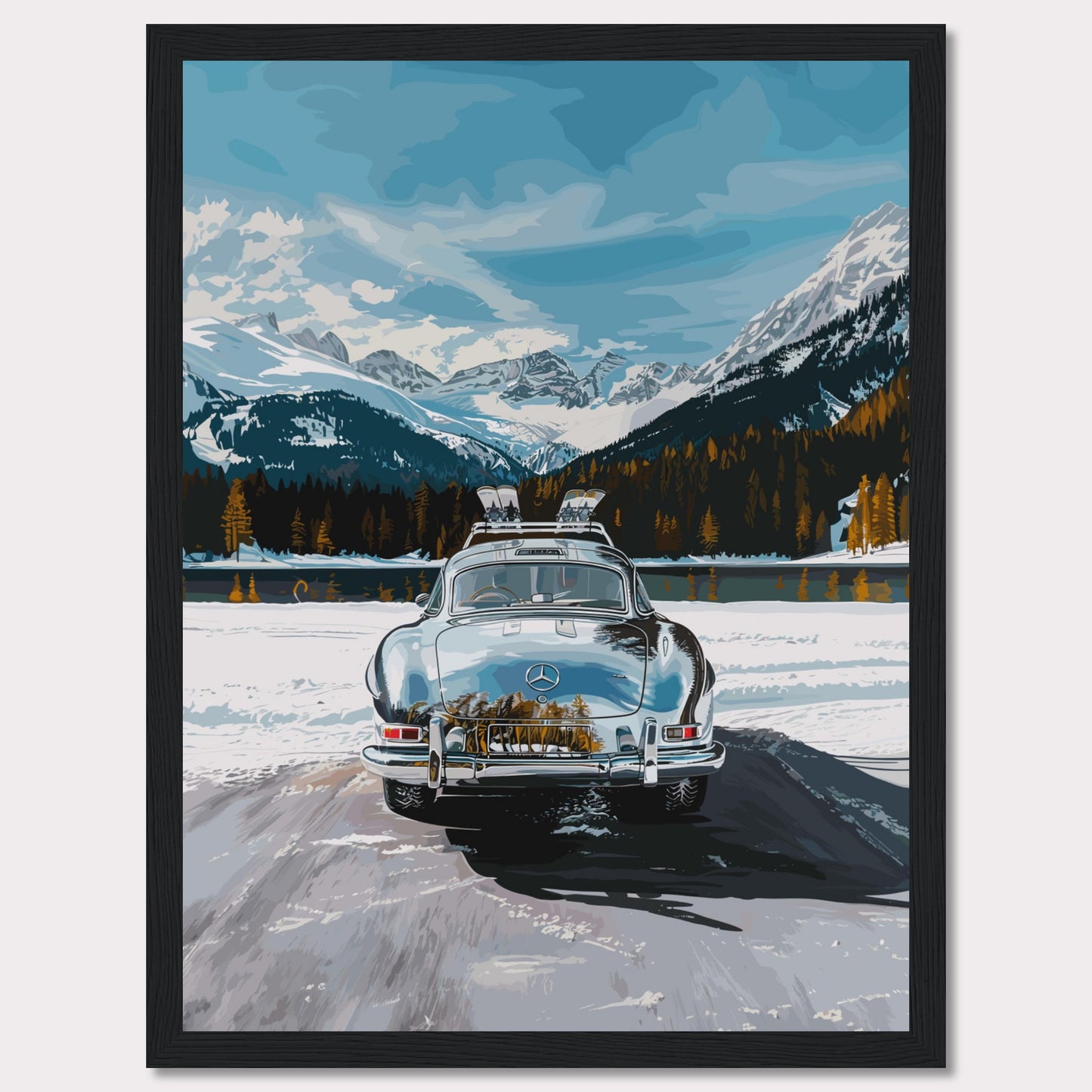 This artwork features a classic car parked on a snowy road with breathtaking snow-capped mountains and a serene lake in the background.