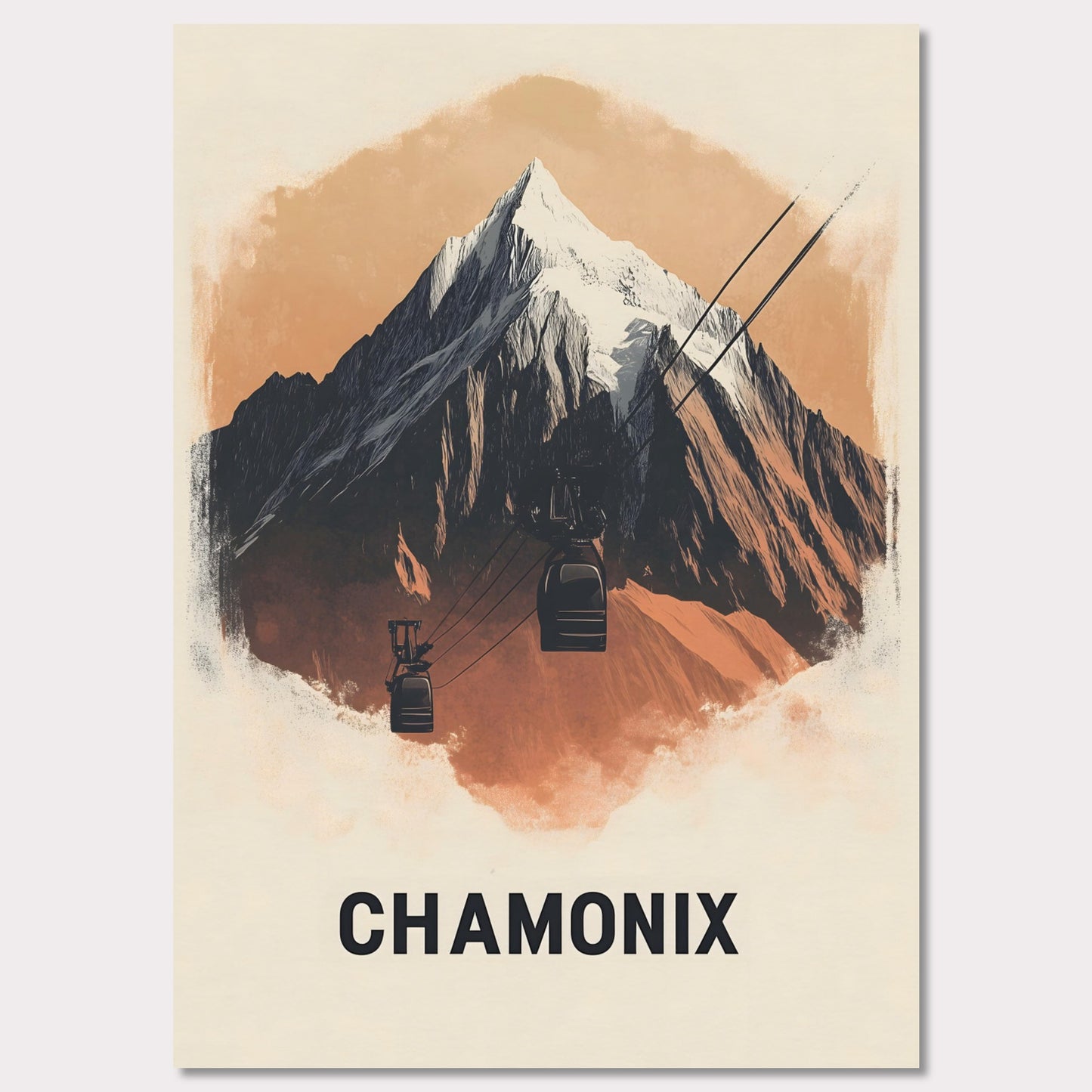 This minimalist poster artfully presents Chamonix, France, a legendary alpine destination known for its dramatic peaks and thrilling ski slopes. The sharp, stylized mountain silhouette contrasts beautifully with the soft sky, creating a bold yet harmonious composition. The subtle shading adds depth, bringing the grandeur of Mont Blanc to life.