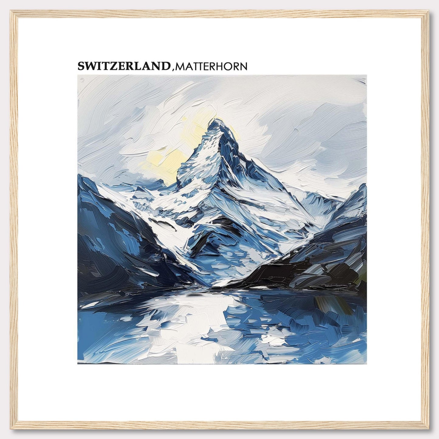 This image showcases a stunning painting of the Matterhorn in Switzerland. The artwork captures the majestic peak with its snow-covered slopes, surrounded by rugged mountains and reflected in a serene lake below. The sky is painted with soft hues, adding a touch of tranquility to the scene.