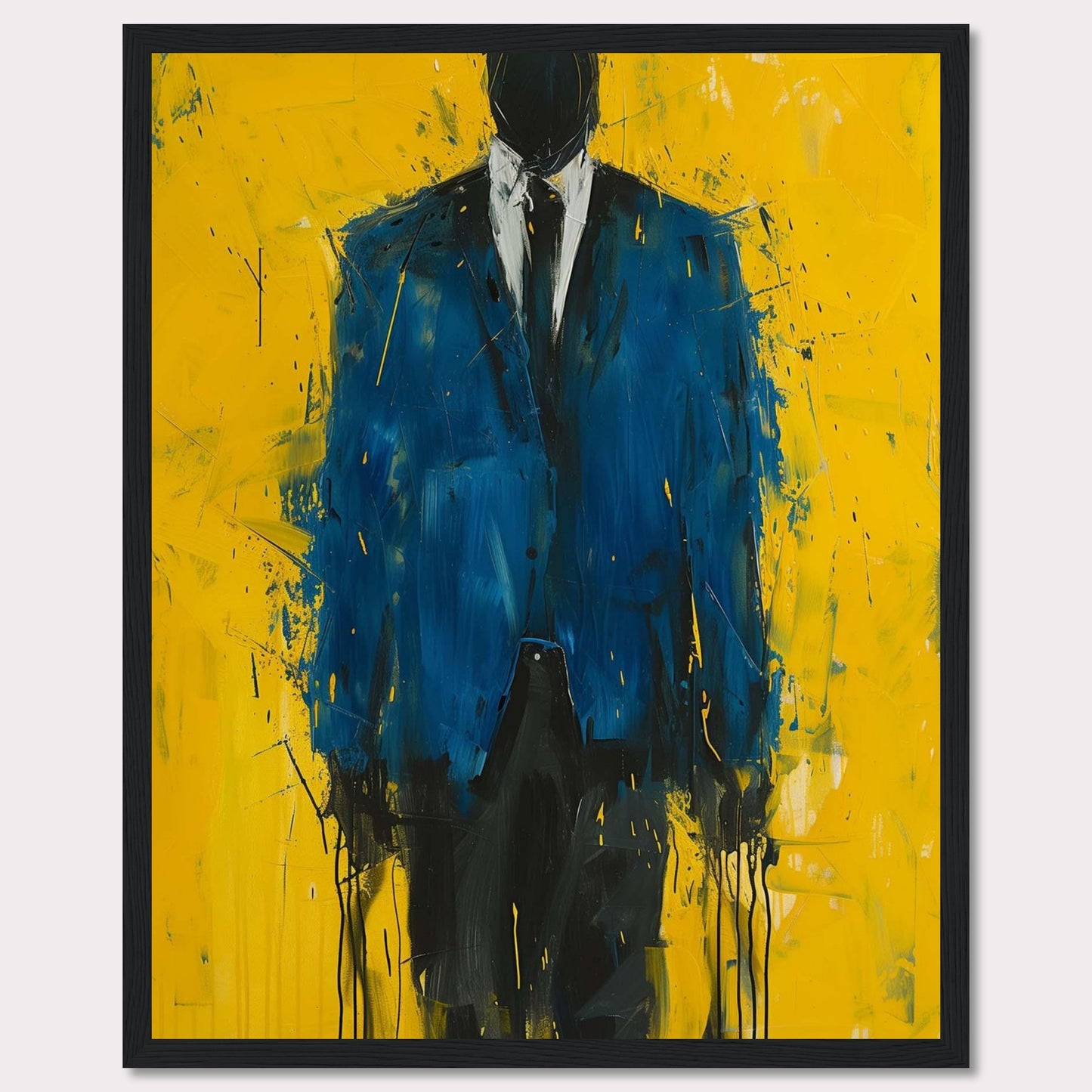 This striking painting features a faceless figure in a blue suit against a vibrant yellow background. The abstract style and bold colors create a powerful visual impact.