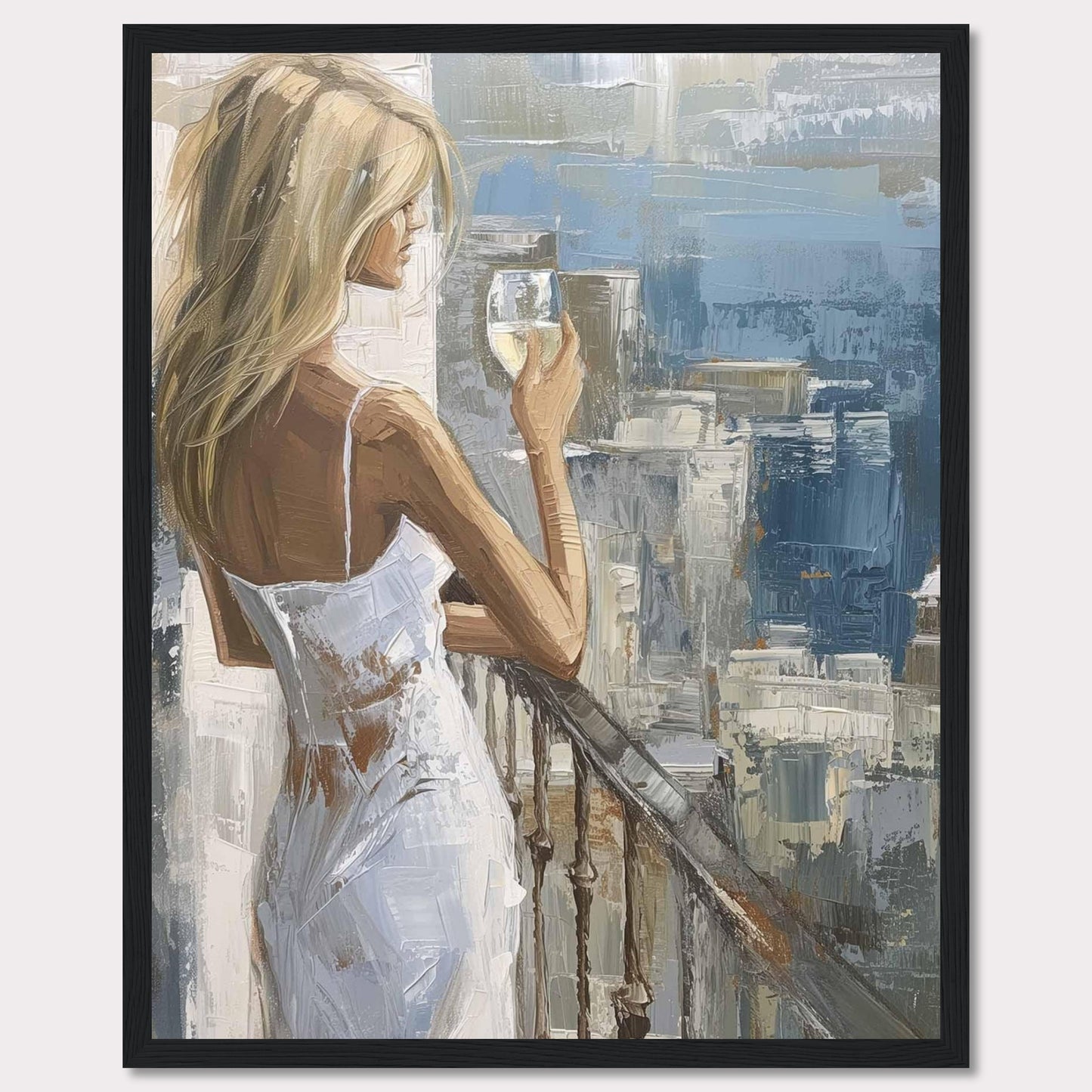 This painting depicts a serene moment where a woman, dressed in a white dress, stands on a balcony holding a glass of wine. The background features an impressionistic cityscape with various shades of blue and gray.